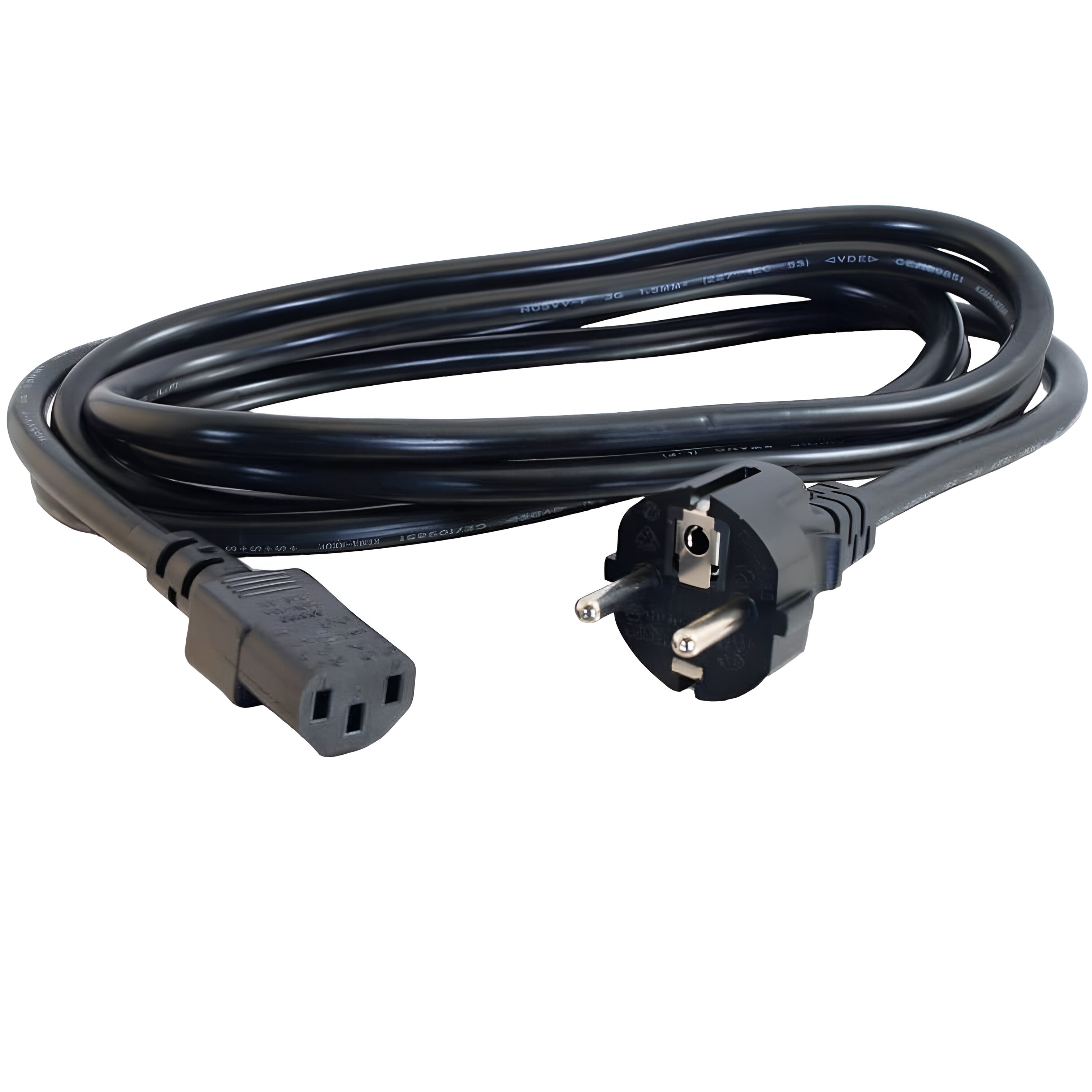 Un cable de alimentación negro con un enchufe europeo en un extremo y un conector IEC en el otro.