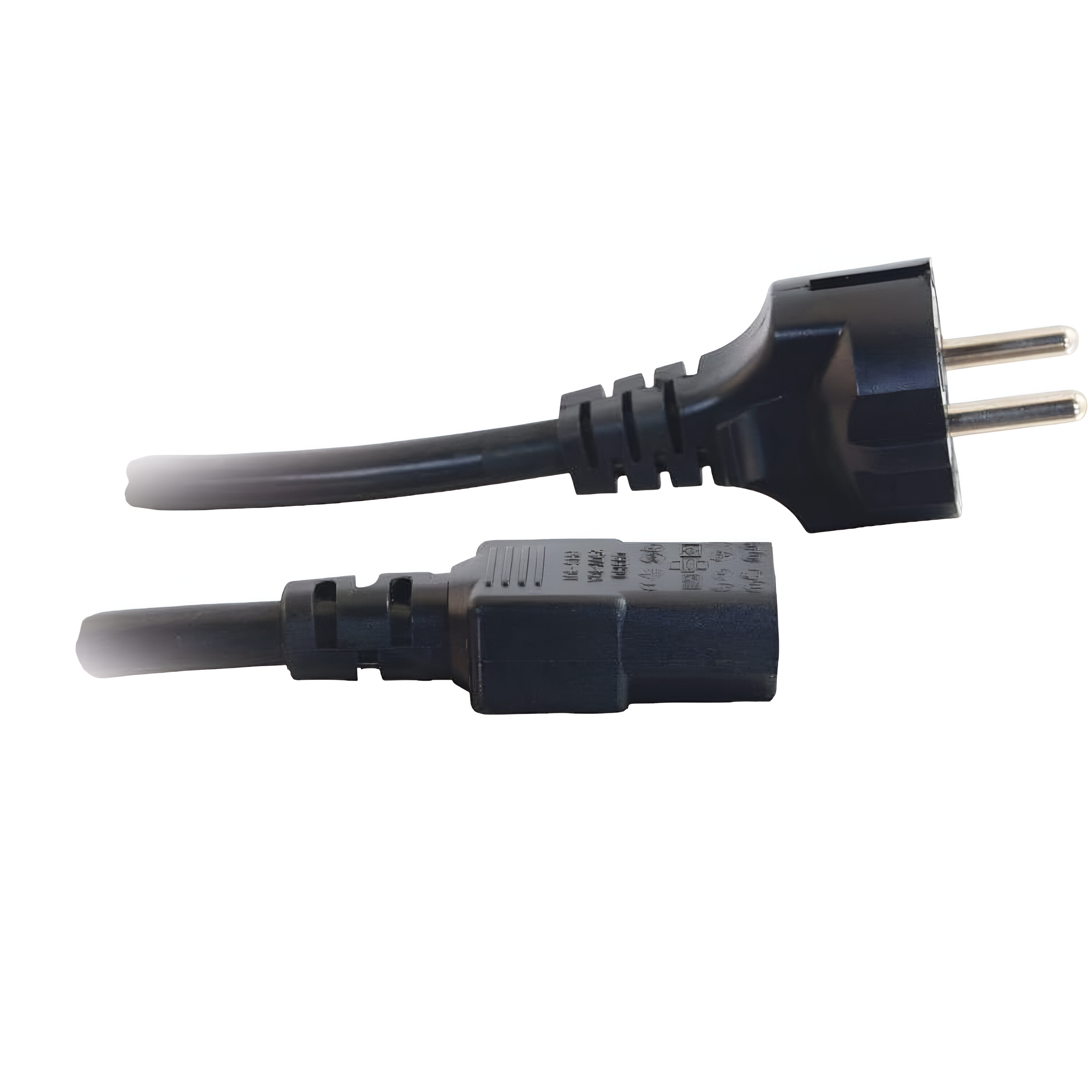 Cable de alimentación negro con enchufe europeo y conector C13 sobre fondo blanco.