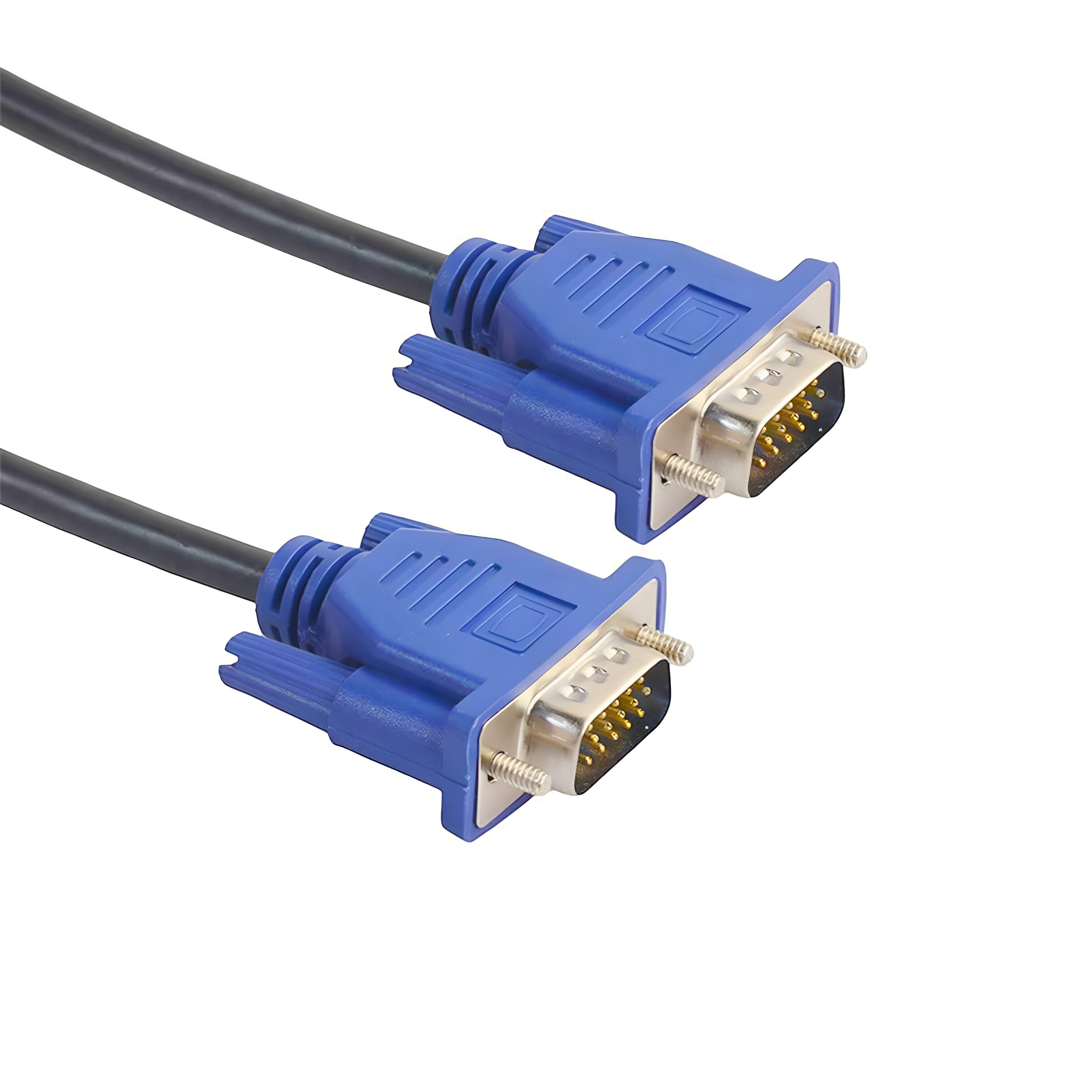 Cable VGA azul con conectores en ambos extremos, aislado sobre fondo blanco.