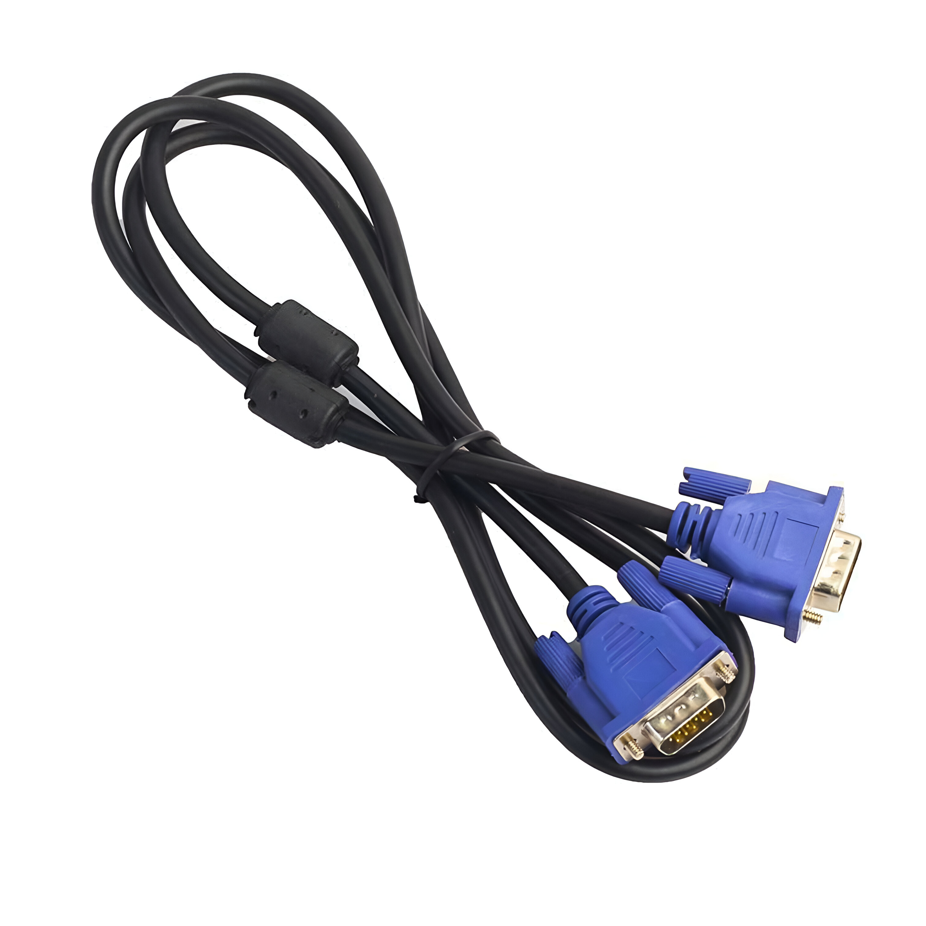Un cable VGA negro y azul. El cable está enrollado y los conectores son azules.