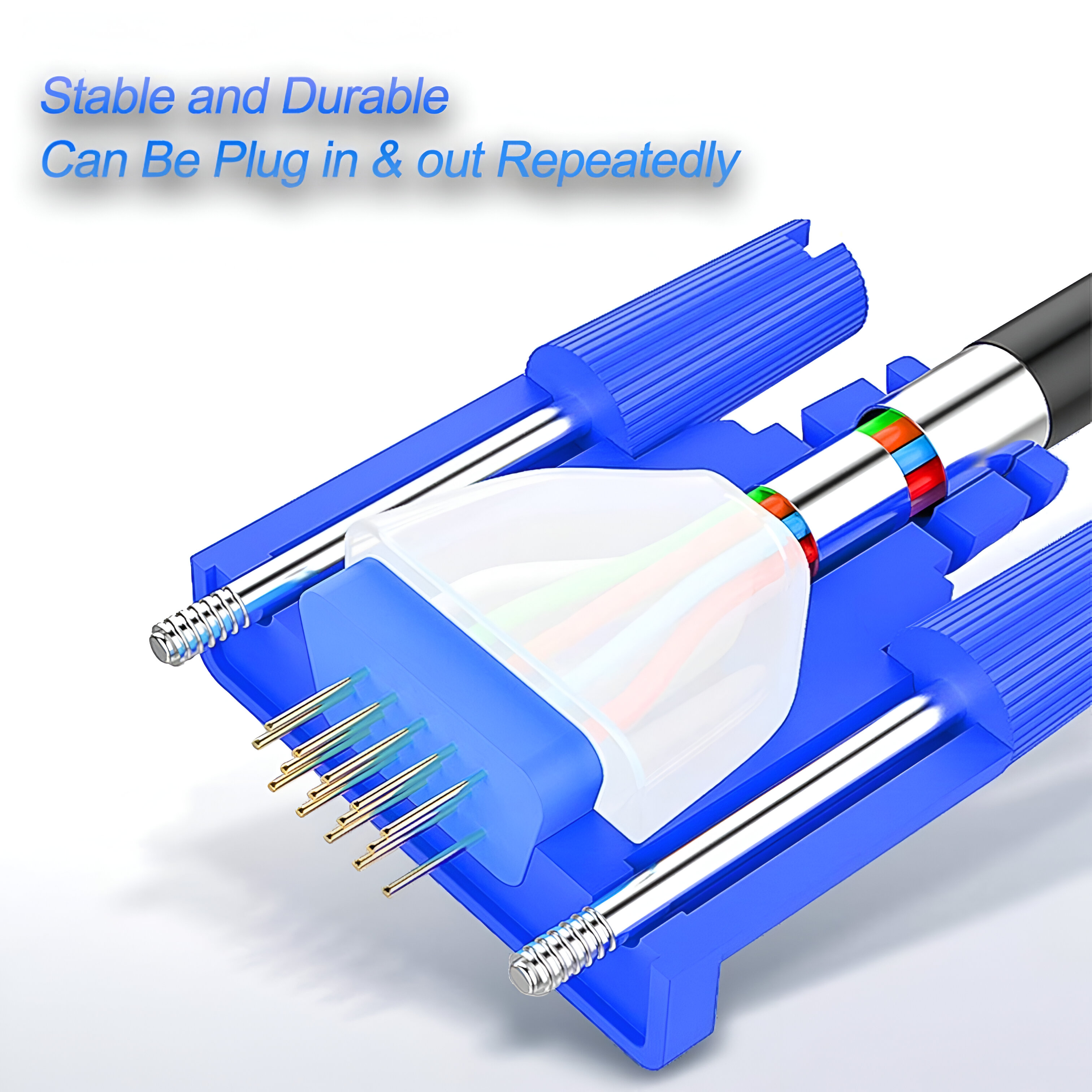 Primer plano de un cable de red con piezas de plástico azul para sujetar pines, con texto: 'Estable y Duradero'.