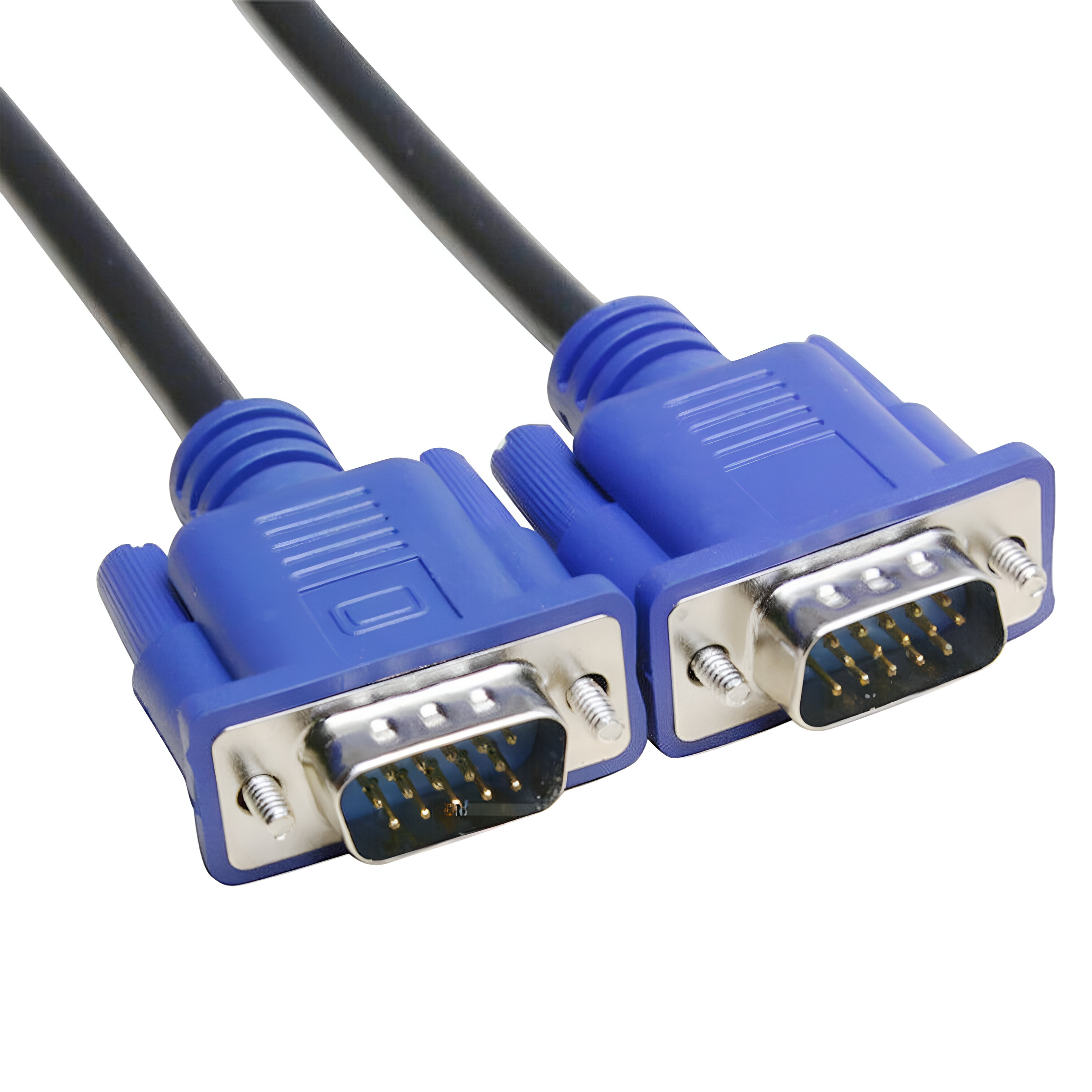 Dos cables VGA azules con conectores plateados. Los conectores tienen pines y tornillos.