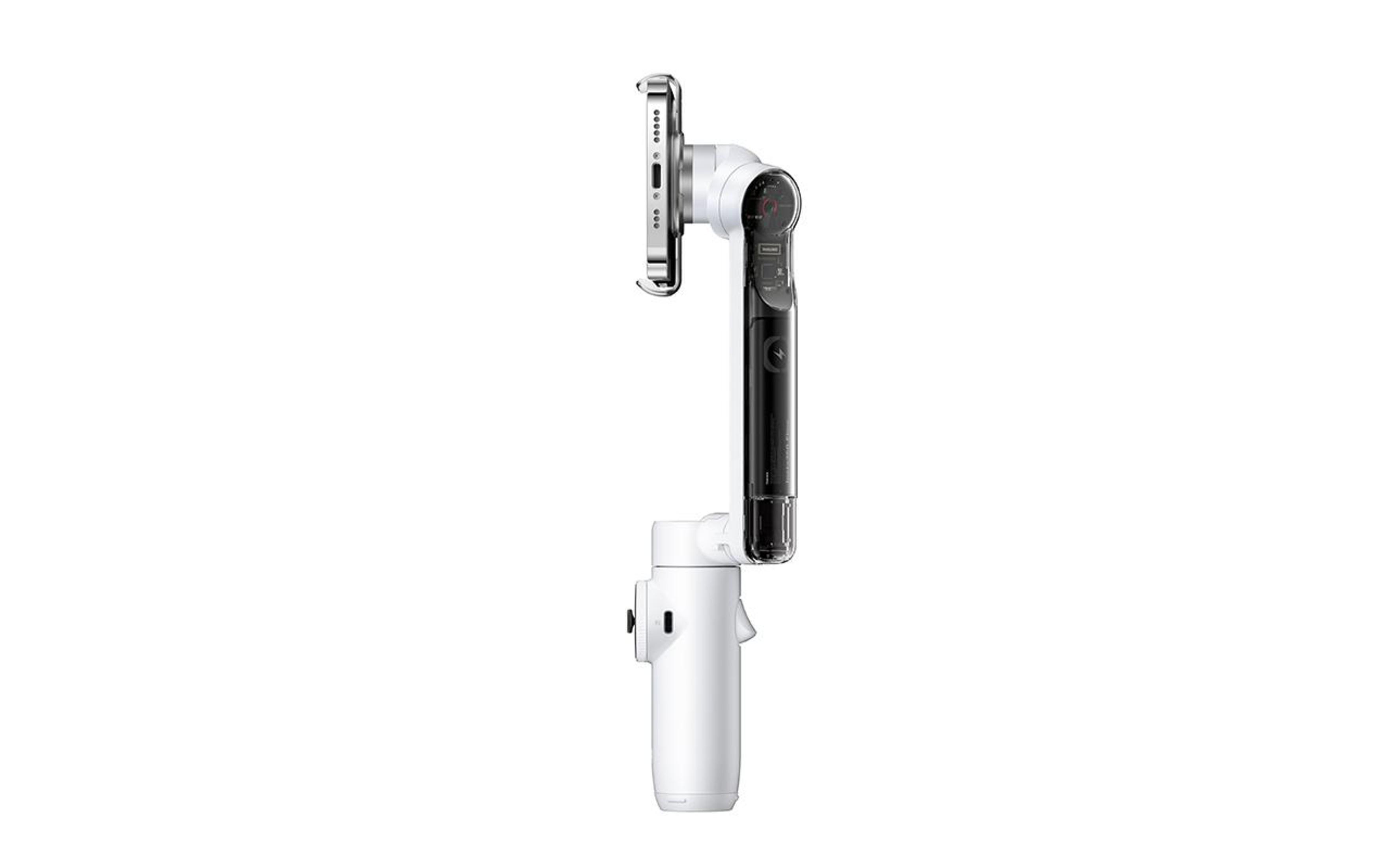 Gimbal para teléfono blanco y negro con un teléfono adjunto. El gimbal está sobre una superficie blanca.