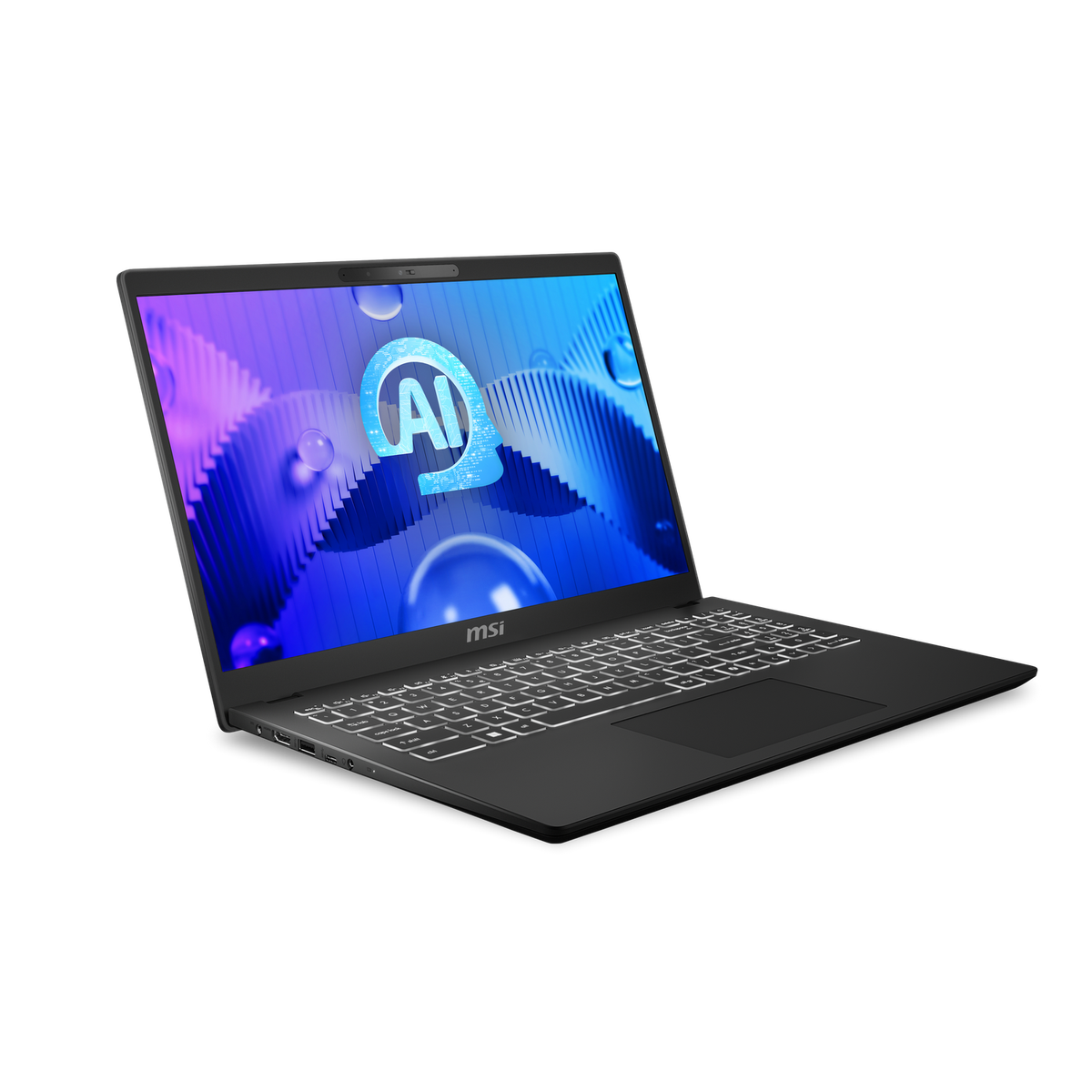 Portátil MSI abierto sobre una superficie blanca. La pantalla muestra un gráfico de IA azul y morado.