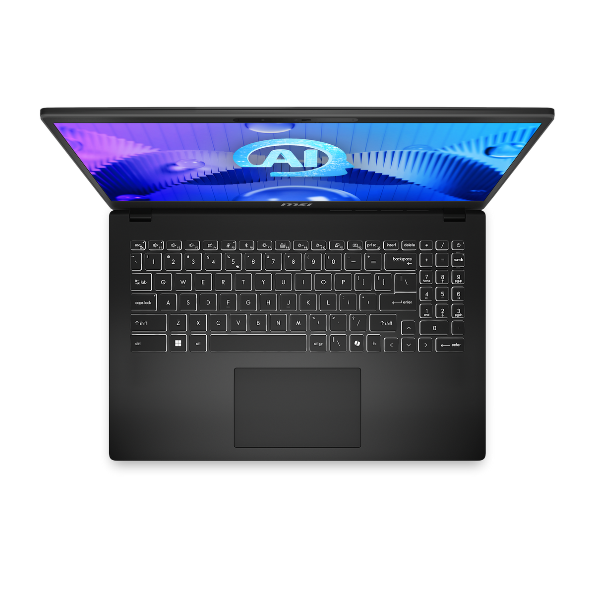Ordenador portátil negro abierto sobre una superficie, teclado visible. La pantalla muestra un logotipo de IA.