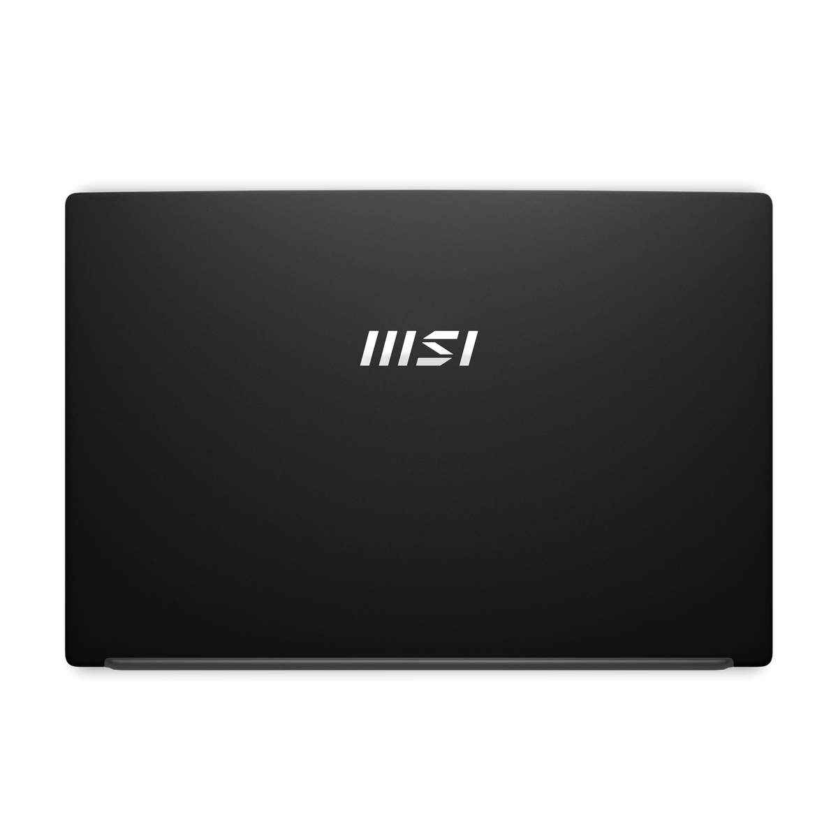 Portátil negro cerrado, con logotipo blanco de MSI centrado en la tapa.