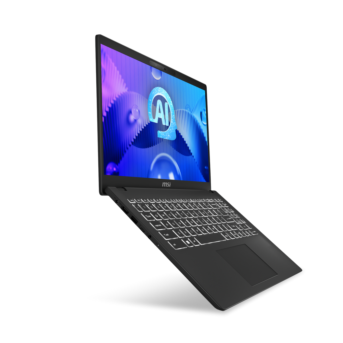 Portátil negro con teclado iluminado, mostrando logo IA en pantalla.