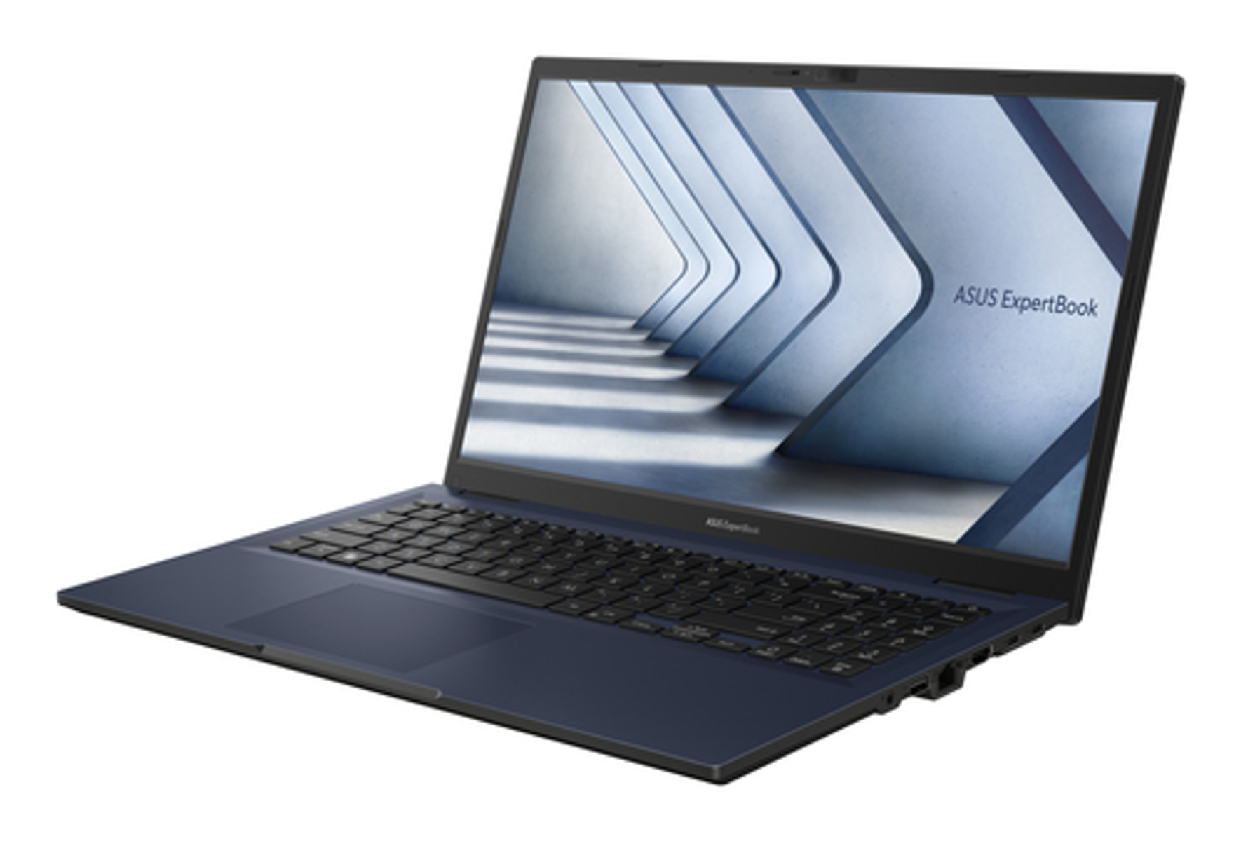 Un portátil azul marino está abierto, mostrando un diseño abstracto en azul claro y blanco. El teclado es negro, con la pantalla mostrando 'ASUS ExpertBook'.