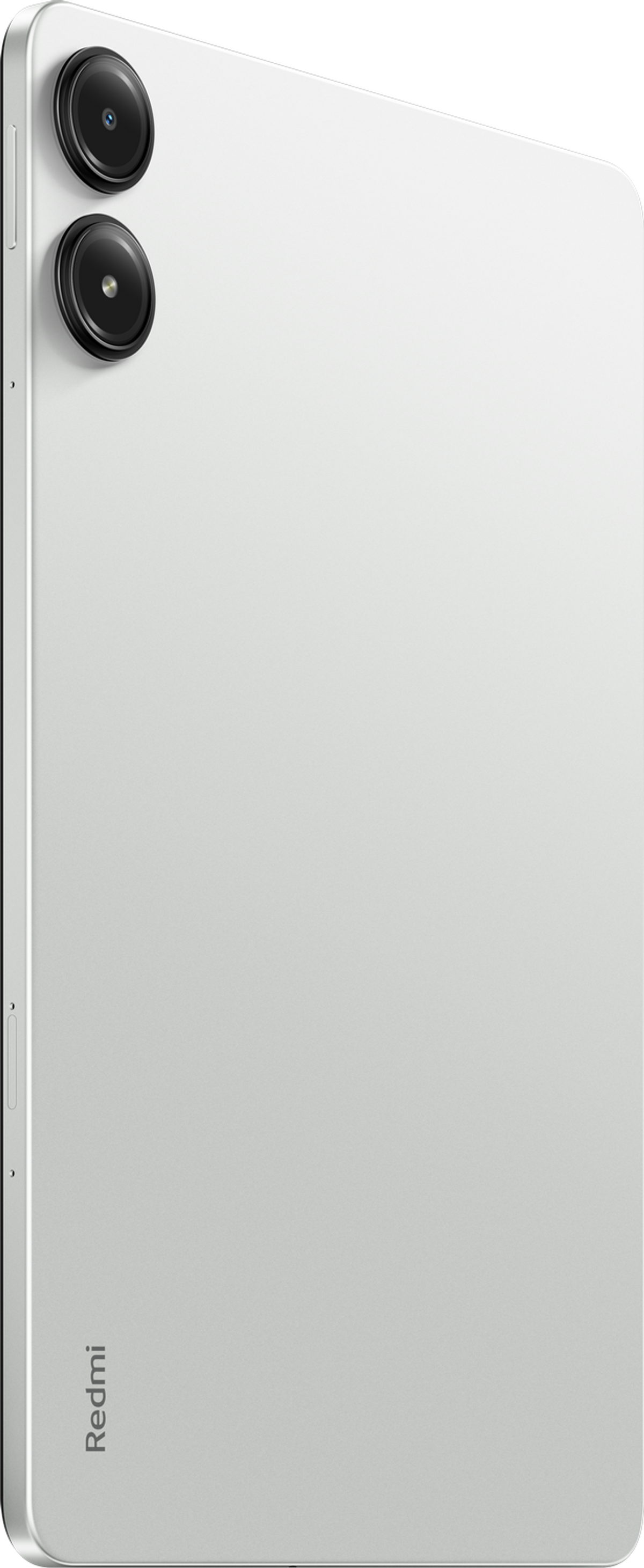 Biały smartfon z dwoma aparatami i marką 'Redmi', widok z tyłu, na białym tle.