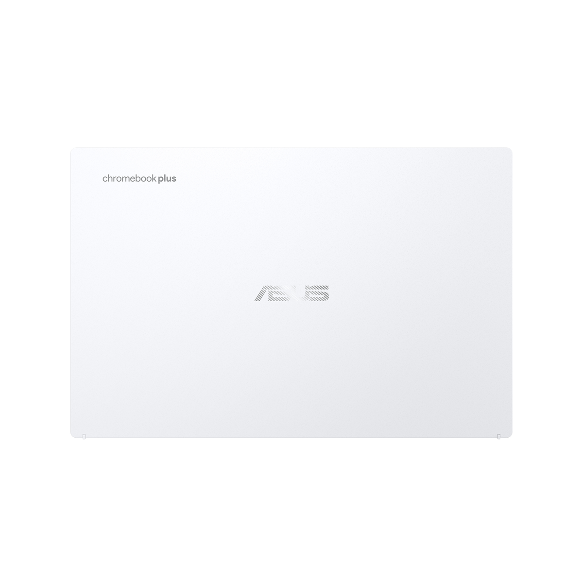 Laptop blanco con el texto "chromebook plus" y el logotipo de ASUS.