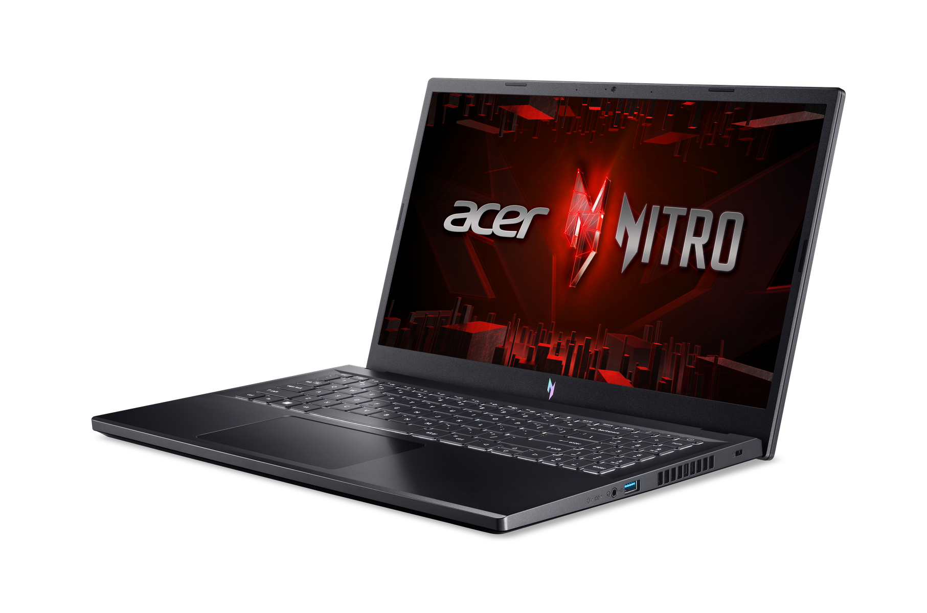 Laptop Acer Nitro negro, abierto sobre superficie negra. Logo Acer Nitro en pantalla.