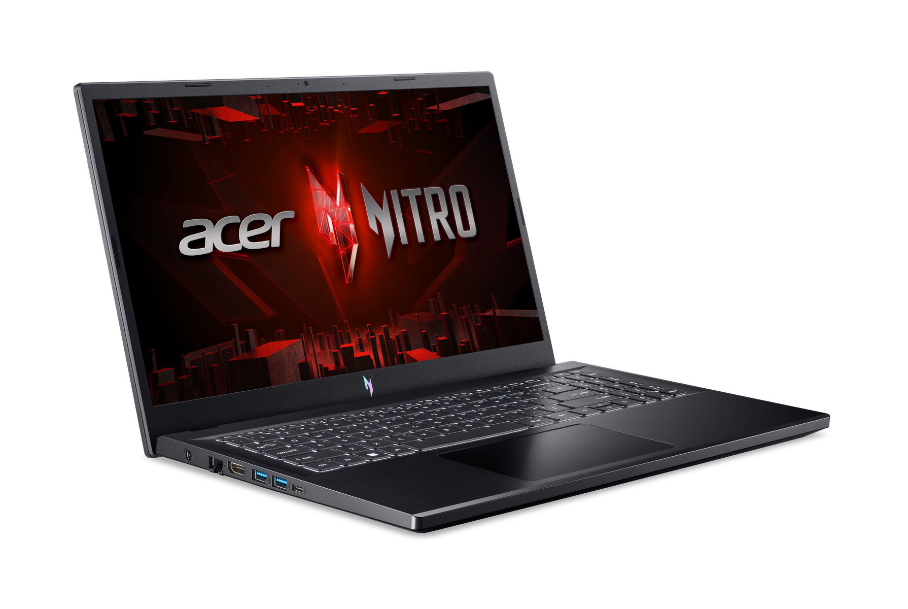 Portátil Acer Nitro negro con el logo en la pantalla. Fondo negro.