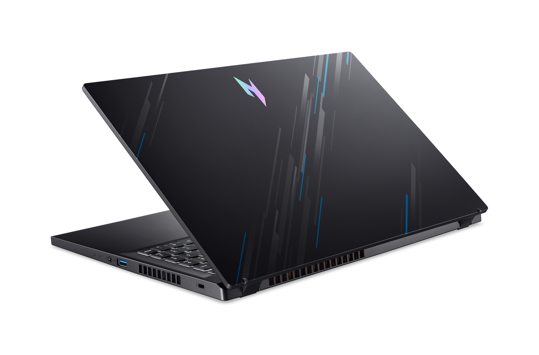 Laptop negro con logo en la parte trasera. El portátil está abierto sobre un fondo negro.