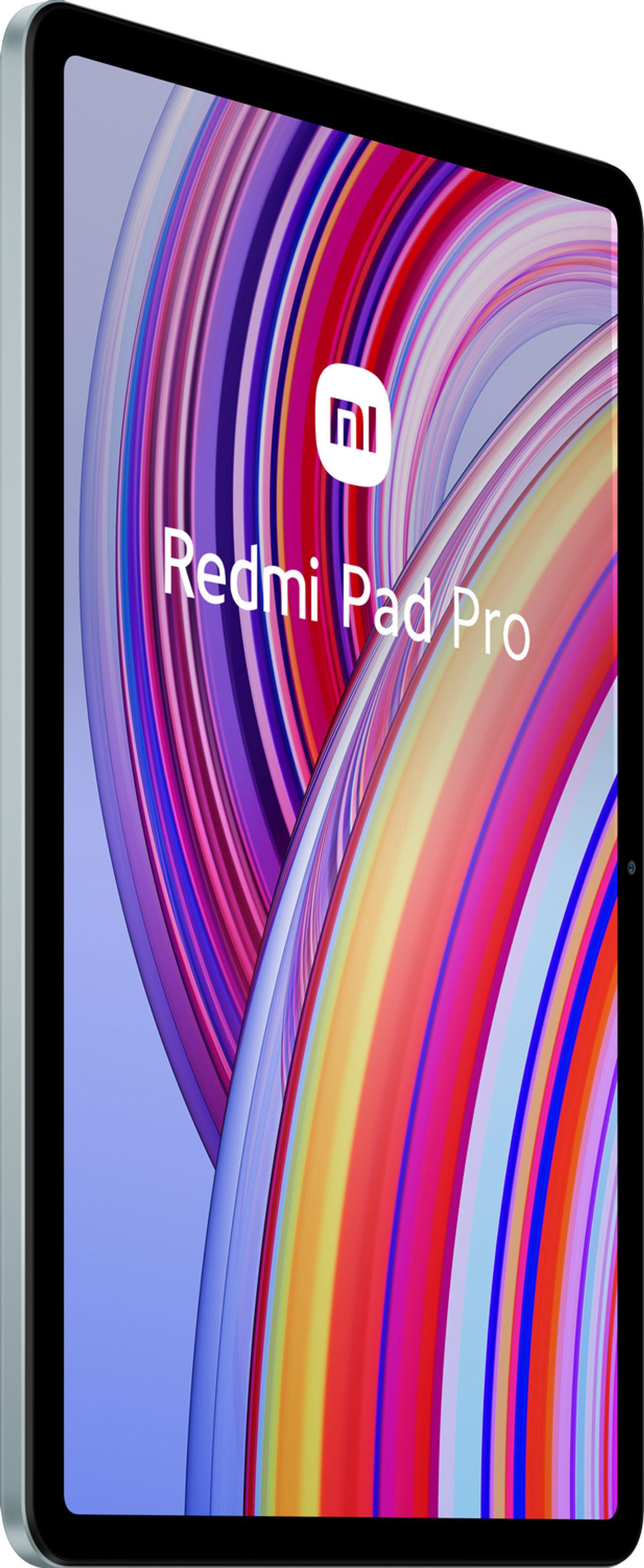 Tablet Redmi Pad Pro na białym tle, z wirującym, kolorowym tłem na ekranie.