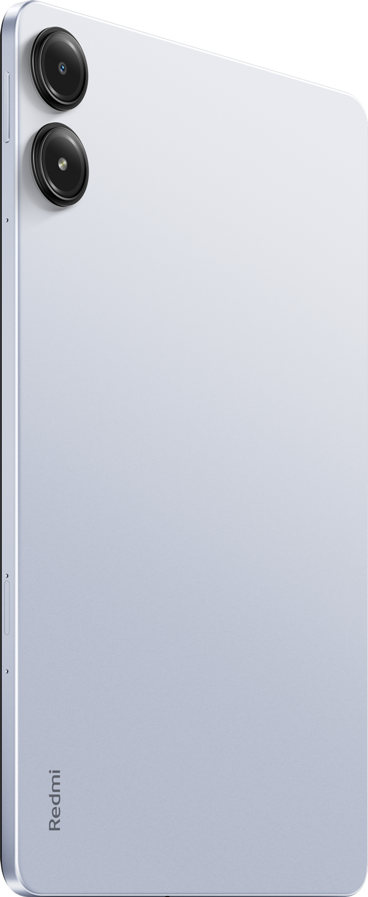 Jasny smartfon z dwoma aparatami, widok z boku, na jasnym tle.