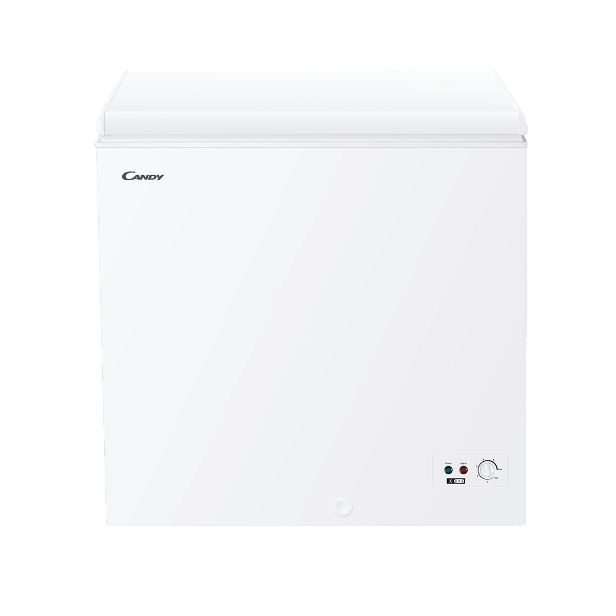 Congelador blanco con logo "Candy" y panel de control. Blanco.