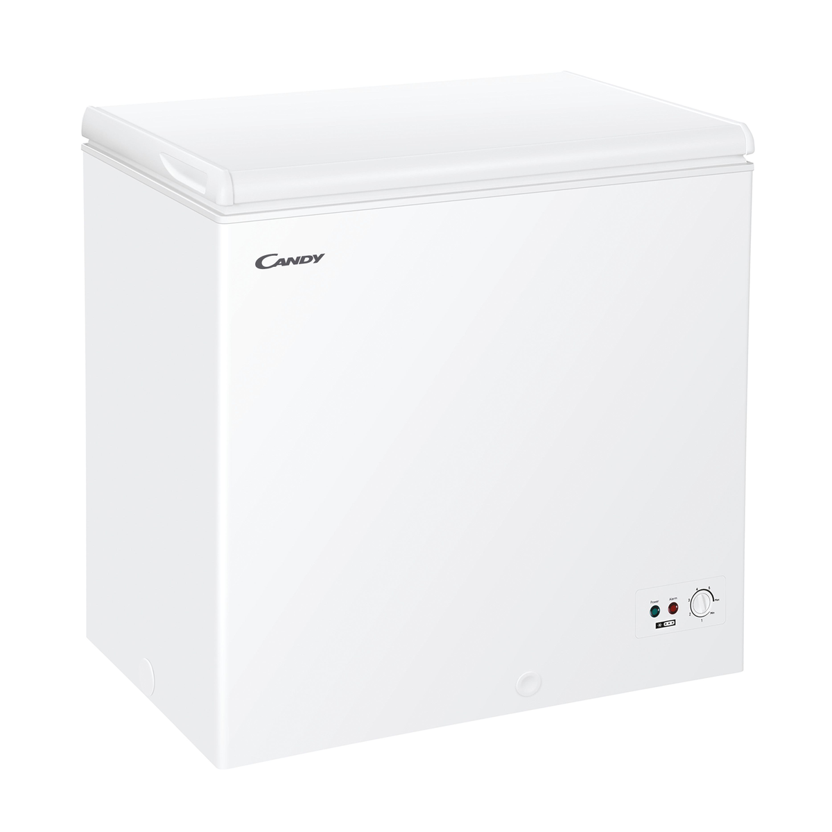 Congelador horizontal blanco con tapa plana. Tiene un logo de Candy y un panel de control.