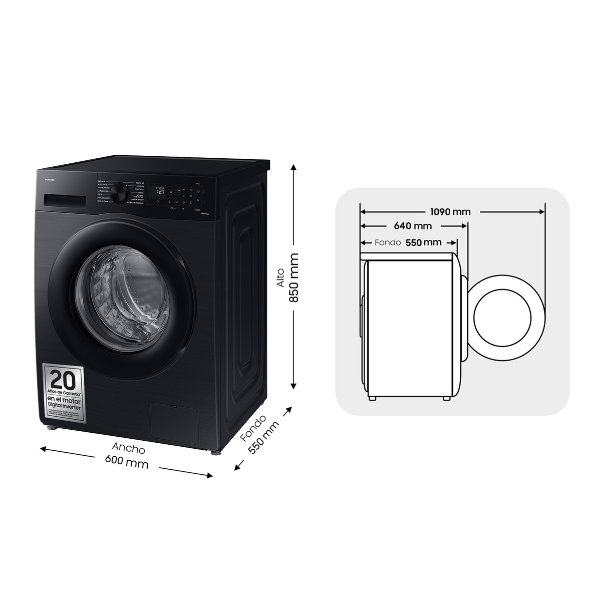 SAMSUNG WW90DG6U85LB Lavatrice, Caricamento frontale, 9 kg, 23 programmi, Profondità 55 cm, Giri 1400 rpm, Nero, livello rumorosità centrifuga 72 dB(A), Classe A