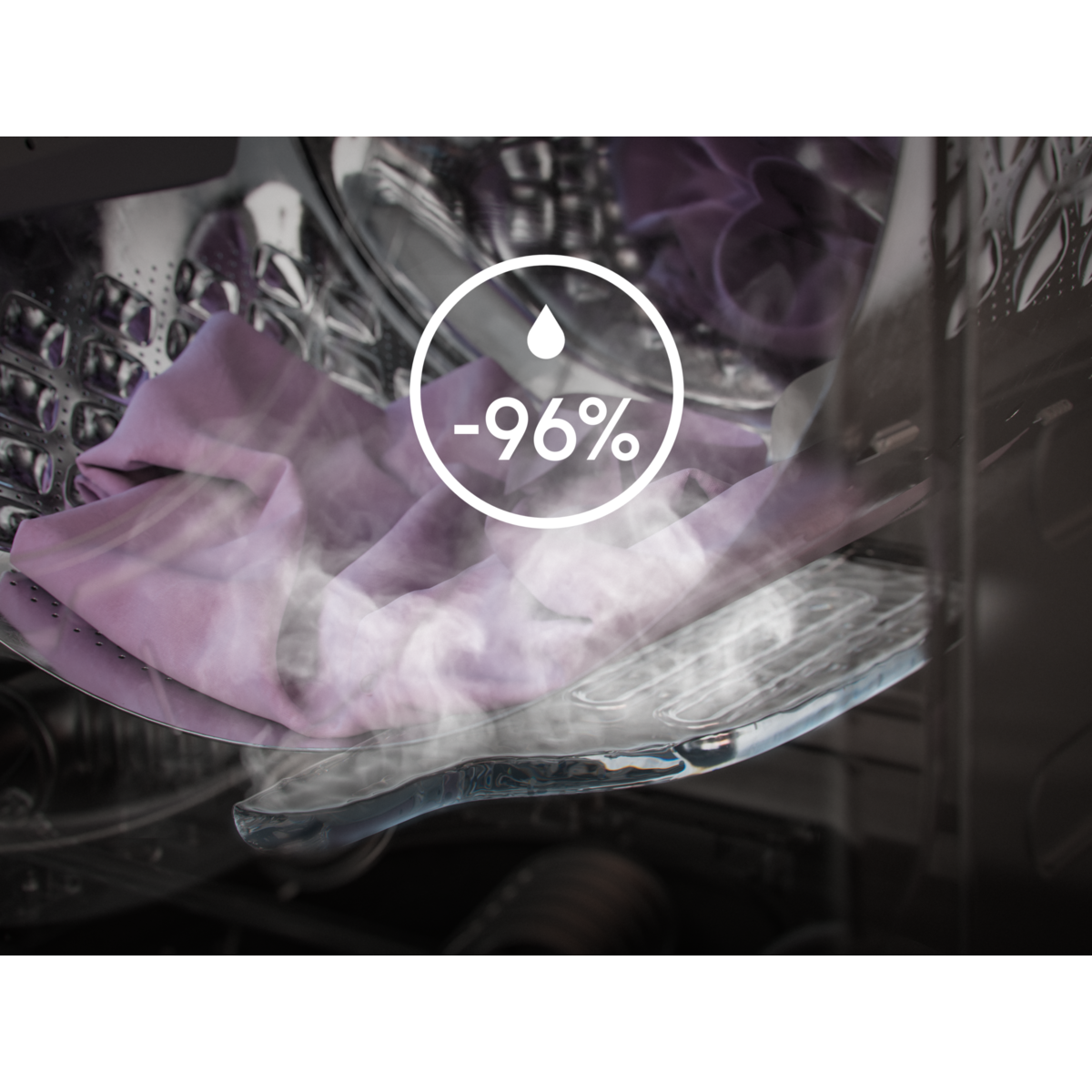 Wnętrze pralki z fioletowymi ubraniami i ikoną kropli wody pokazującą -96%.