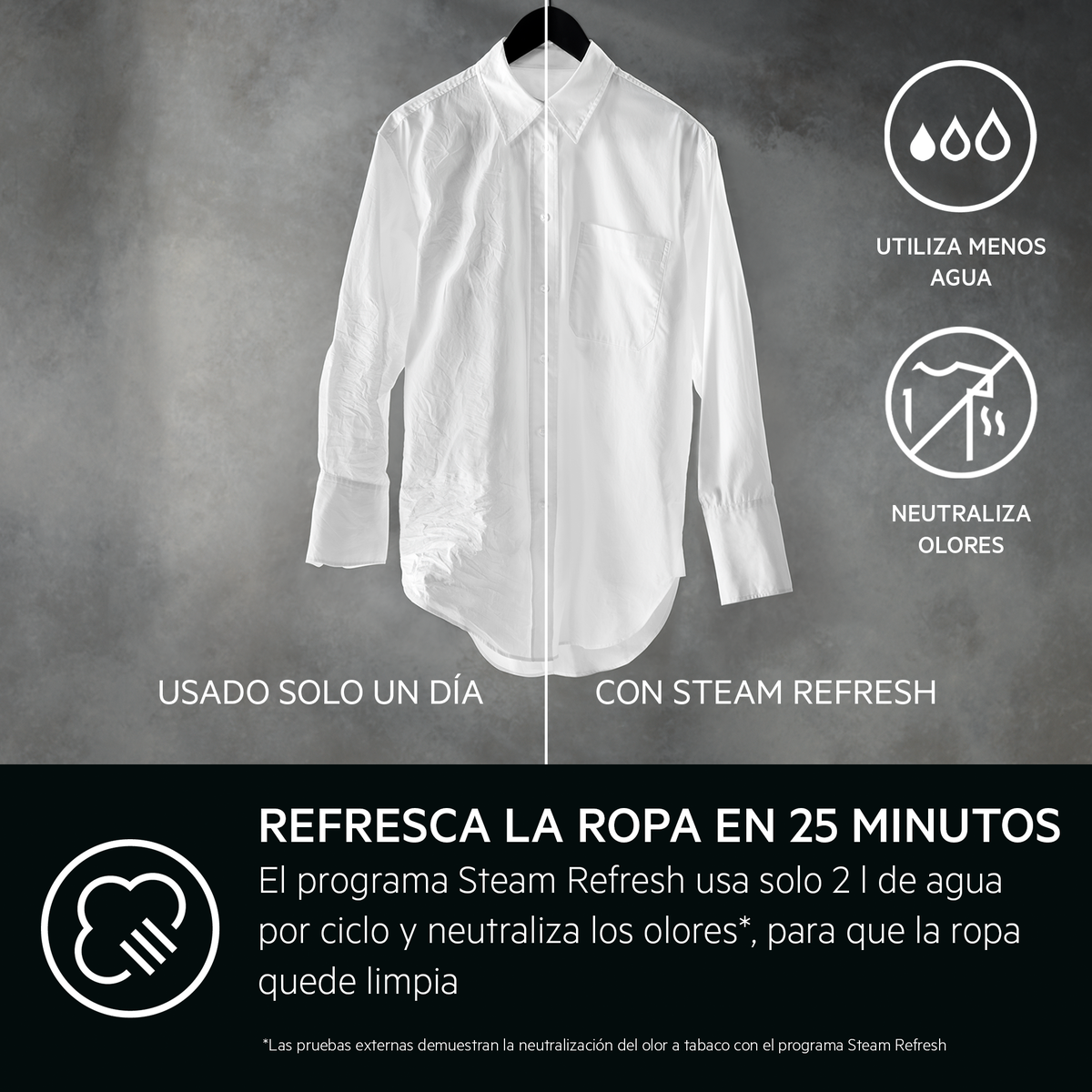 Biała koszula na wieszaku, częściowo wyczyszczona parą. Tekst wskazuje na odświeżanie w 25 minut.
