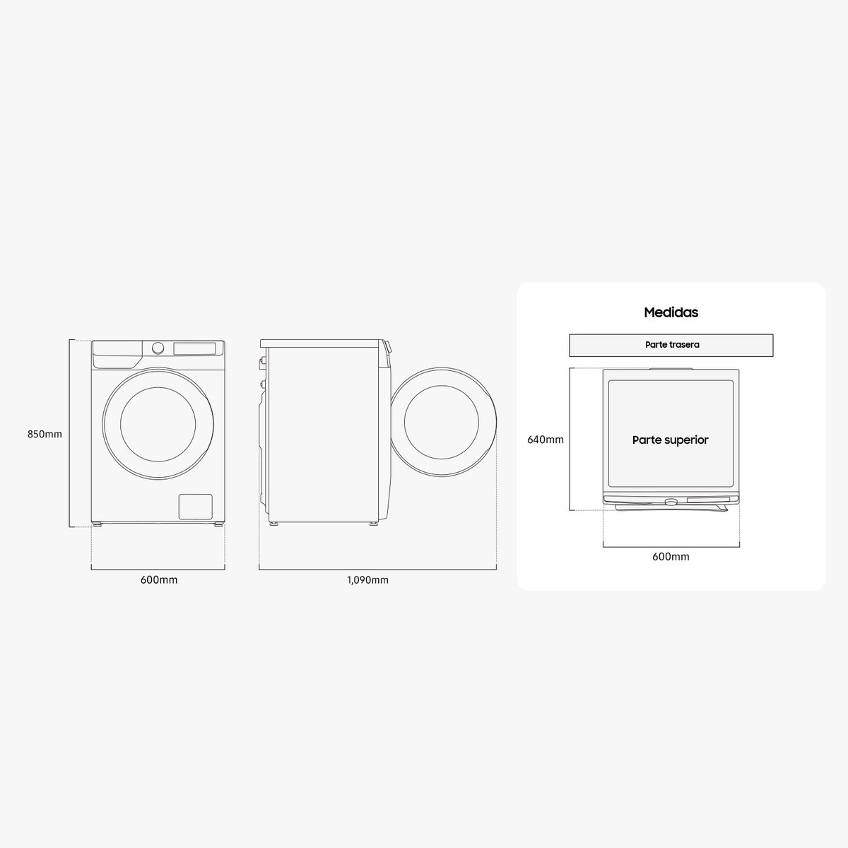 Rysunki linii pralki przedstawiające widoki z przodu, z boku i z góry z wymiarami.