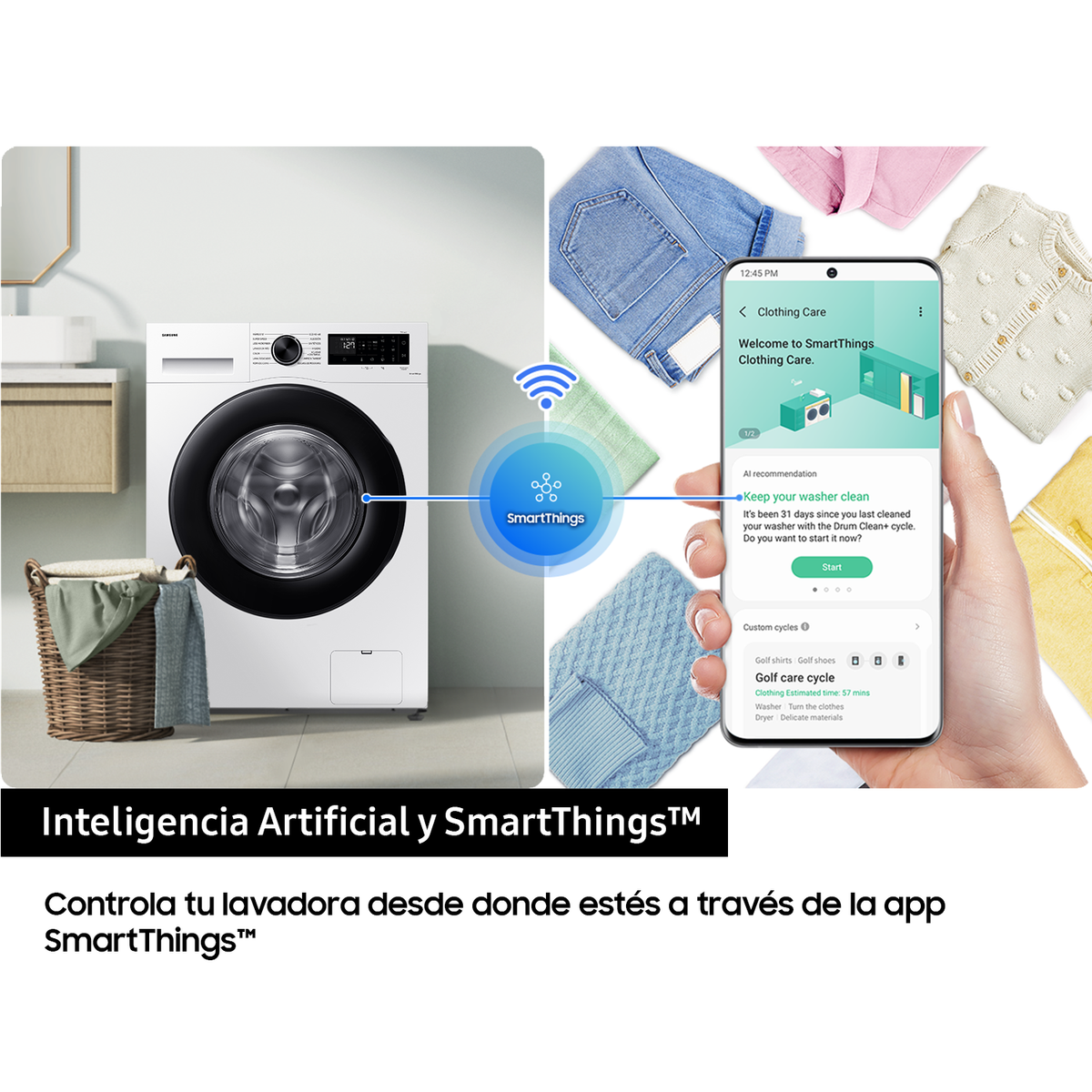 Obraz przedstawiający pralkę i smartfon wyświetlający aplikację do prania z logo SmartThings.