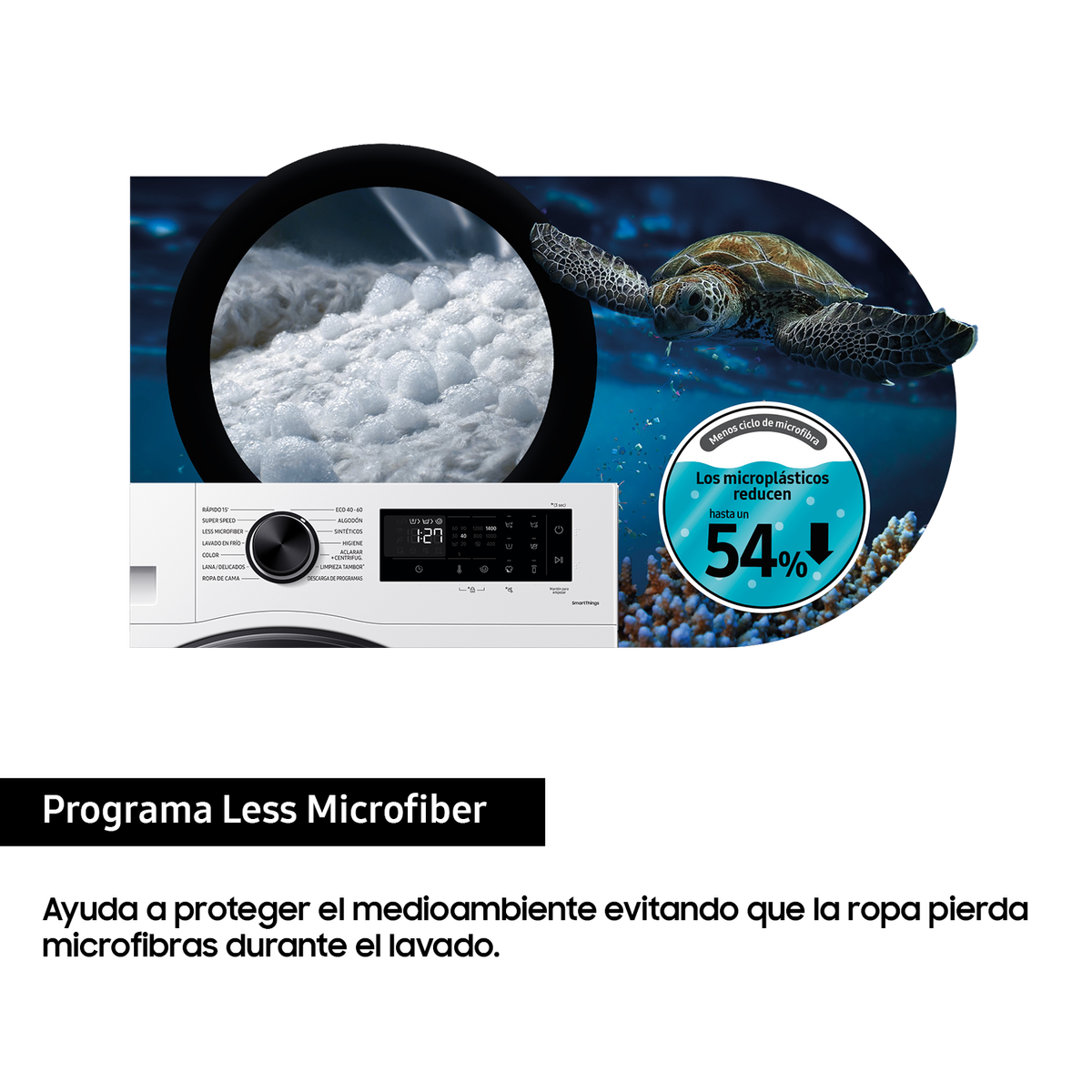 Pralka z naciskiem na bęben i tekst. Tło jest czarne.