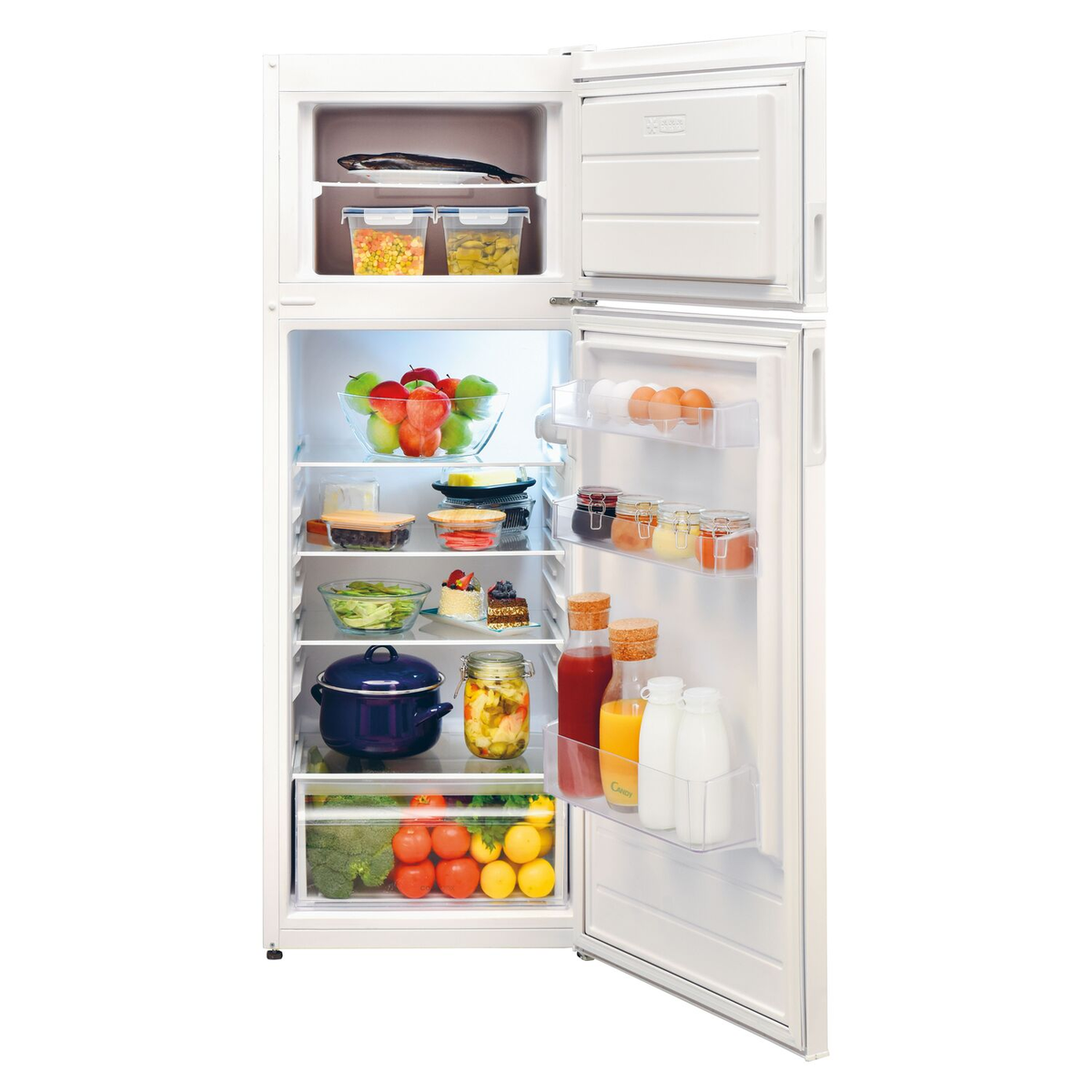 Refrigerador blanco con puerta abierta, lleno de alimentos.