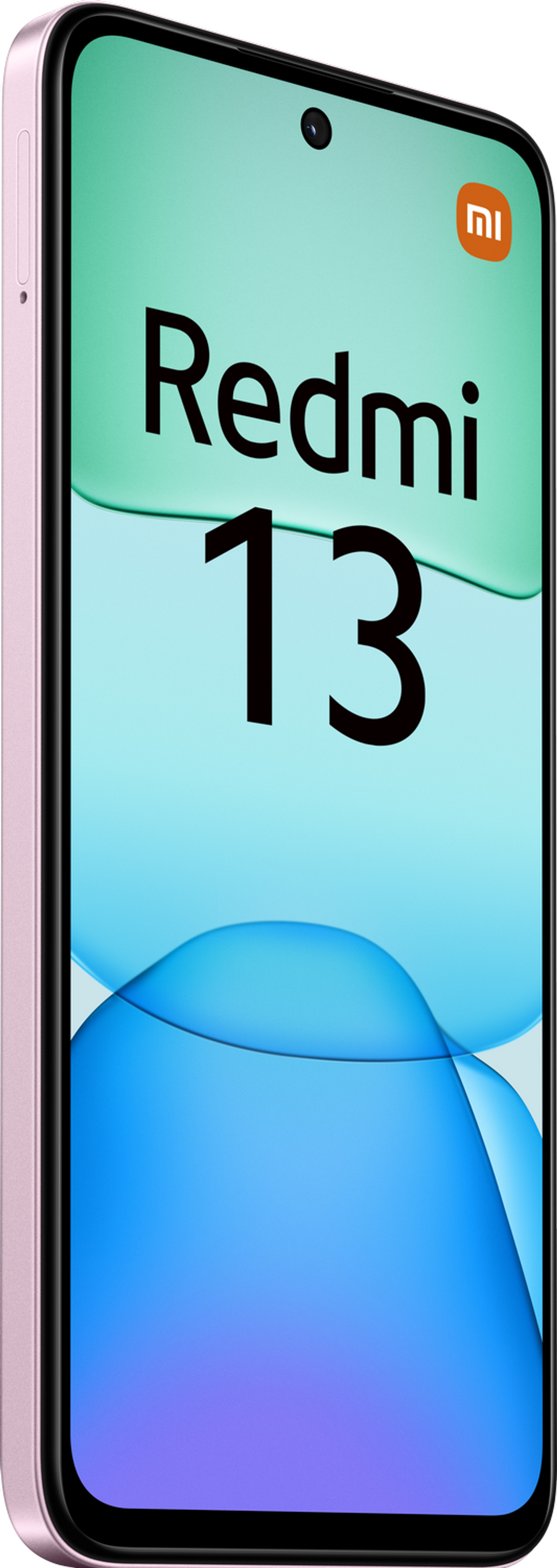 Smartphone Redmi 13 rosa con un fondo abstracto verde y azul.
