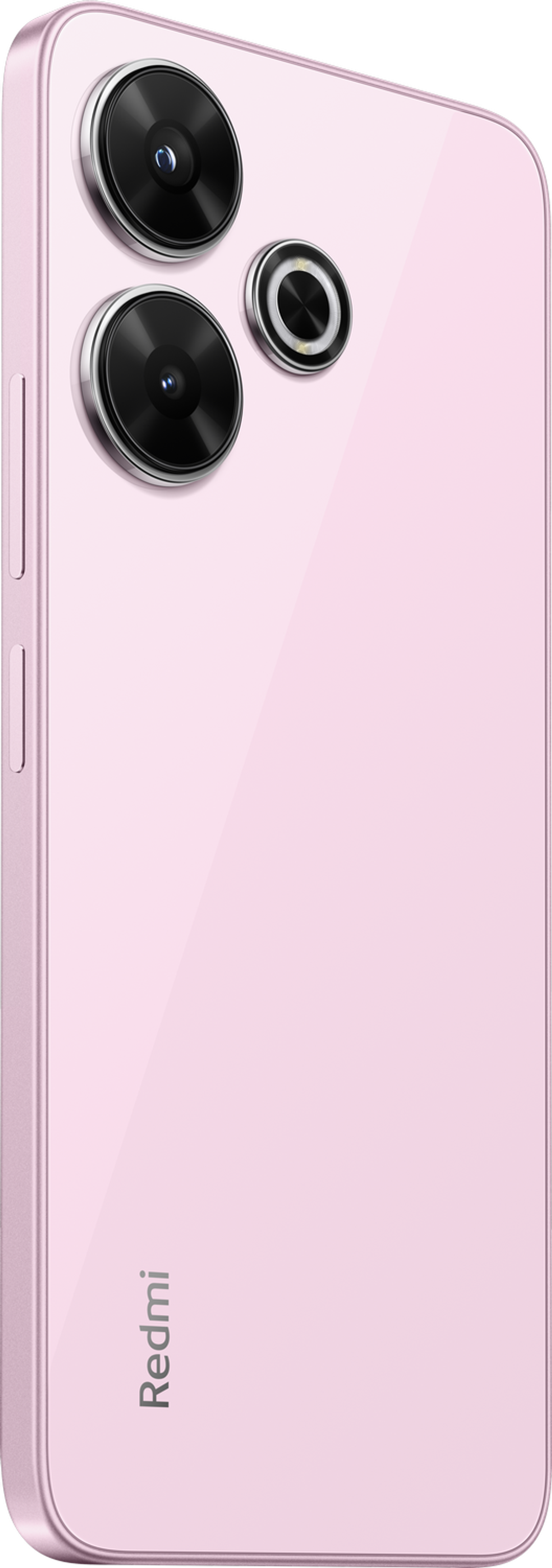 Un teléfono rosa con múltiples cámaras. El teléfono tiene una superficie lisa y reflectante.