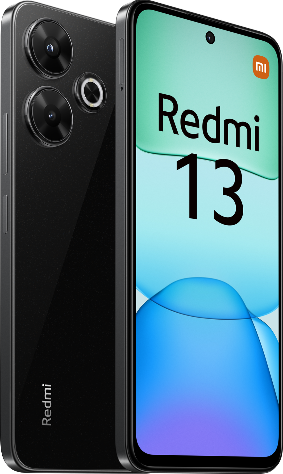 Czarny telefon z potrójnym aparatem i tekstem 'Redmi 13' na ekranie.