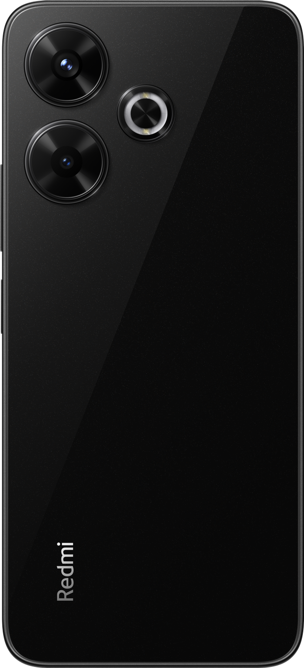 Teléfono negro con tres cámaras traseras. Se muestra la parte trasera del teléfono.