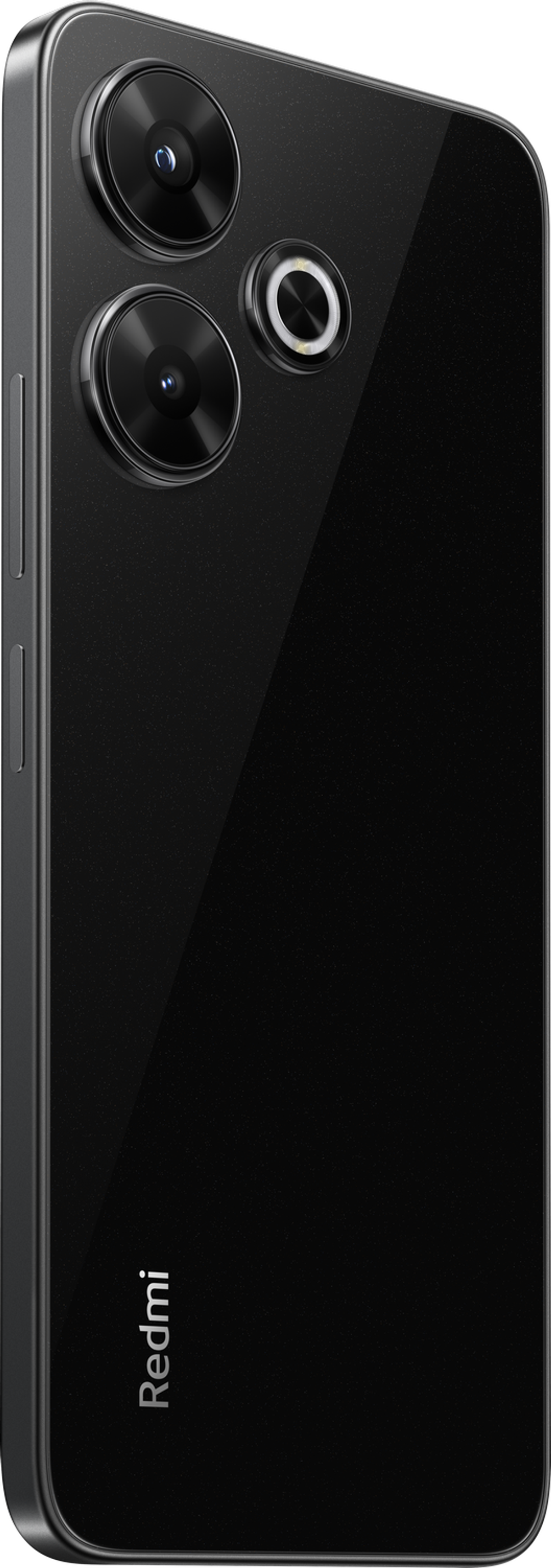 Czarny smartfon z 3 aparatami z tyłu, widok pod kątem.