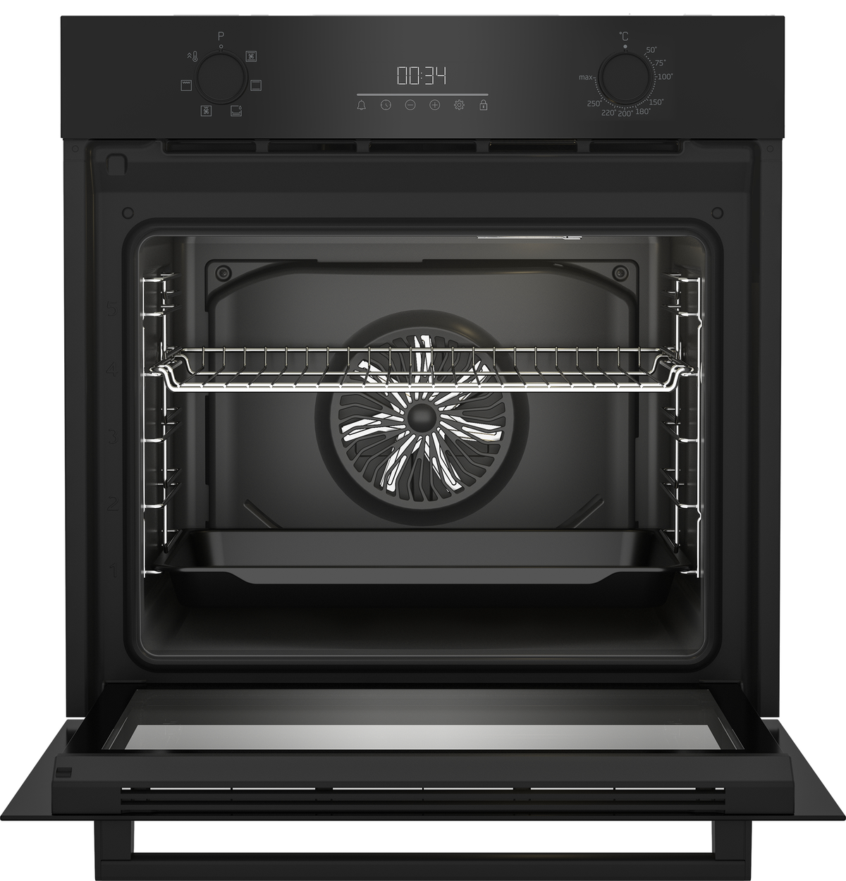 Schwarzer Backofen mit offener Tür, Innenraum und Backblech zeigend.