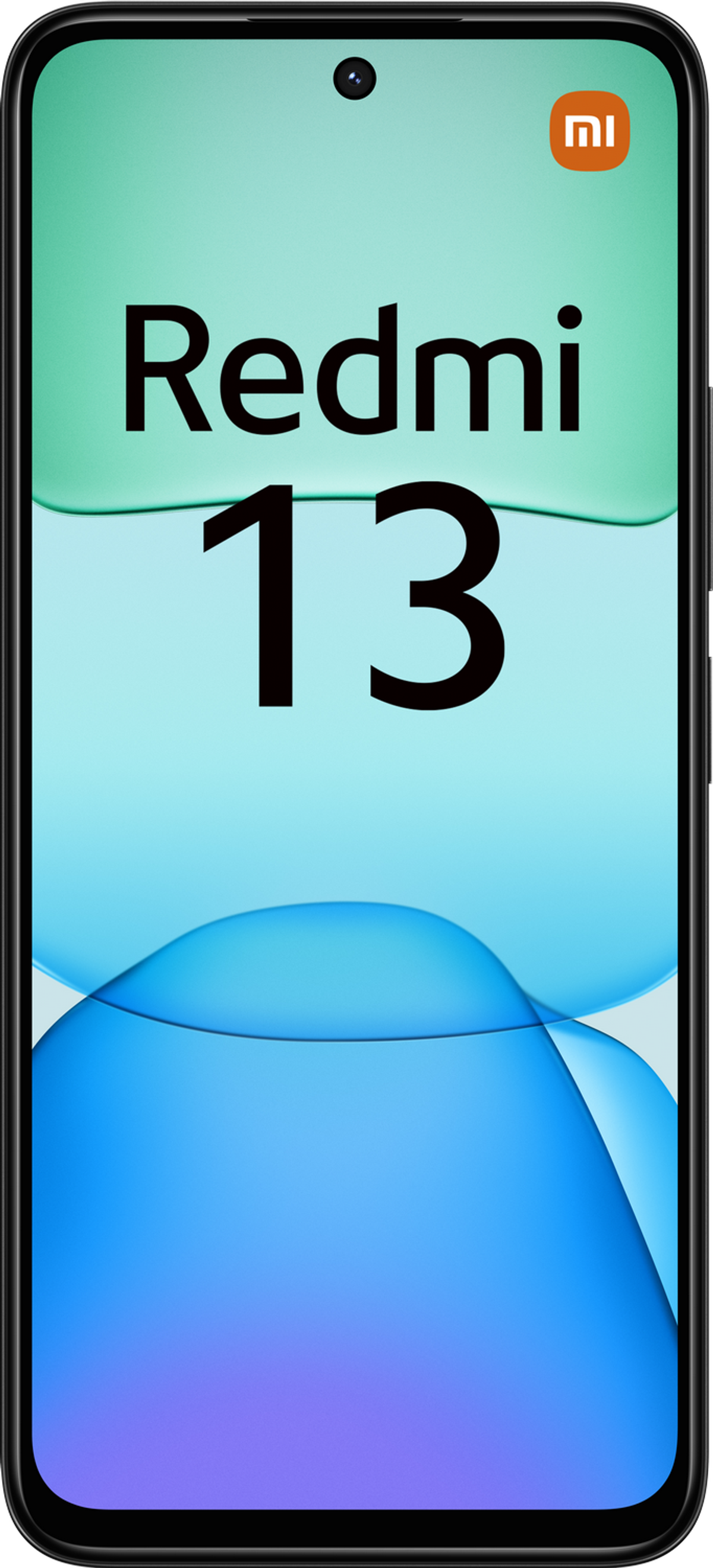 Smartfon Redmi 13 z zielono-niebieskim tłem gradientowym i czarnym tekstem Redmi 13.