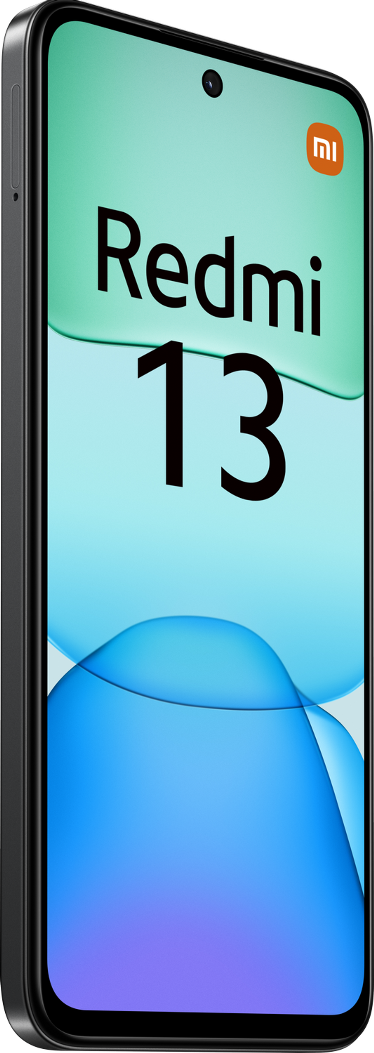 Czarny smartfon ze słowami 'Redmi 13' na ekranie, pomarańczowe logo w rogu.
