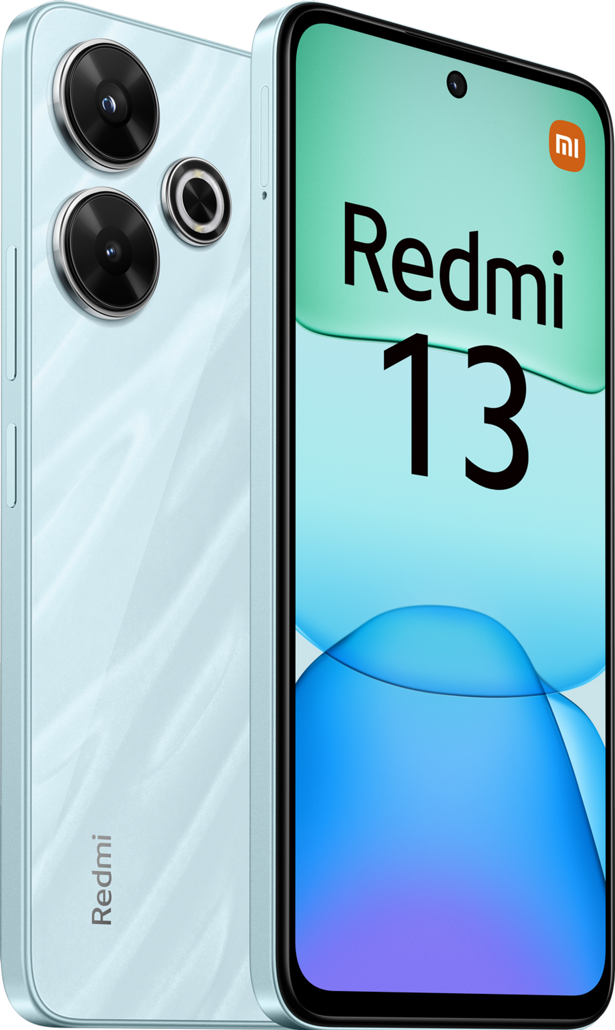 Smartphone Redmi 13 azul claro. Tiene tres lentes de cámara y el nombre de la marca.