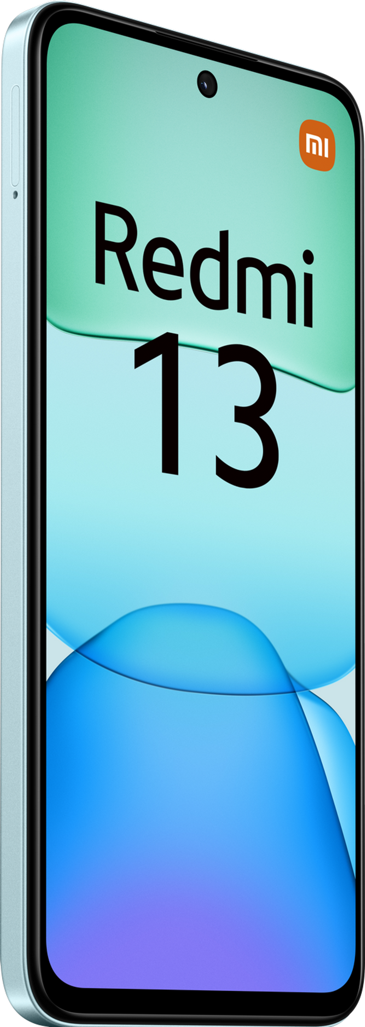Un smartphone Xiaomi Redmi 13 verde azulado, con un fondo degradado azul claro.