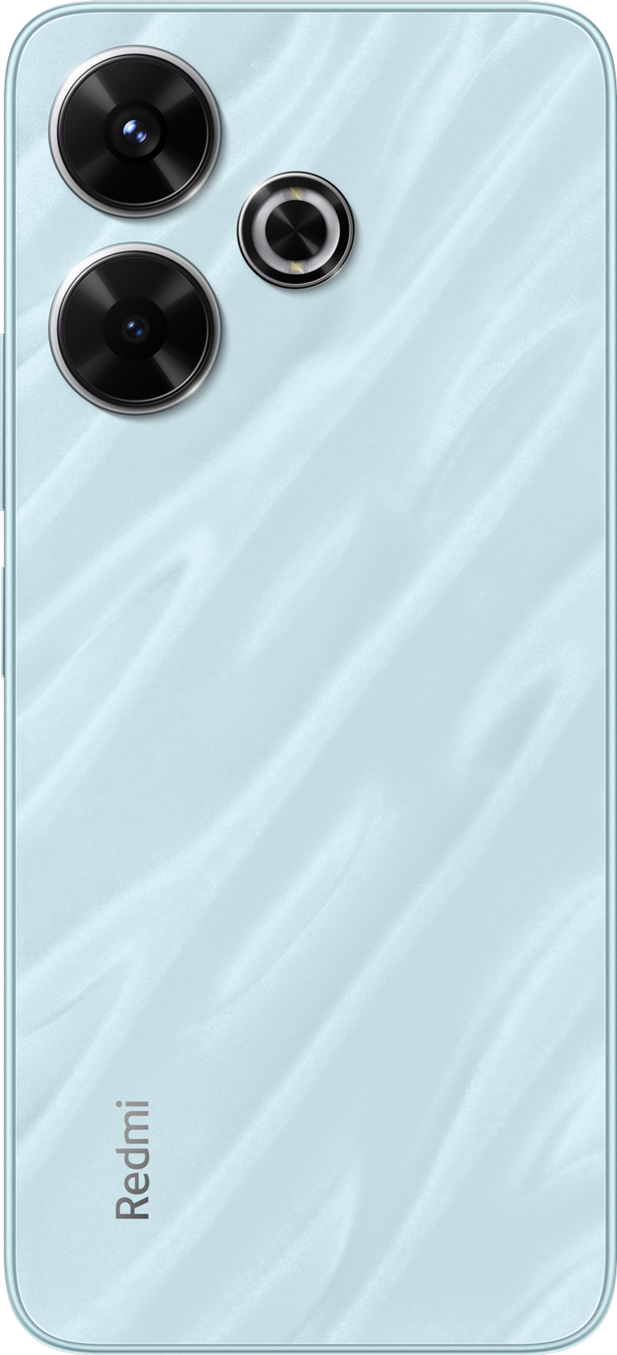 Parte trasera de teléfono azul claro con cámaras y el logotipo de Redmi.