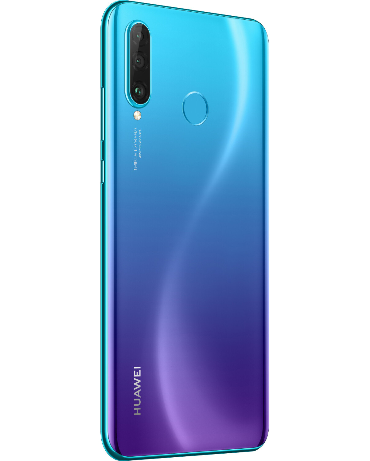 Niebiesko-fioletowy gradient tyłu smartfona z potrójnym aparatem i marką Huawei. Elegancki design.