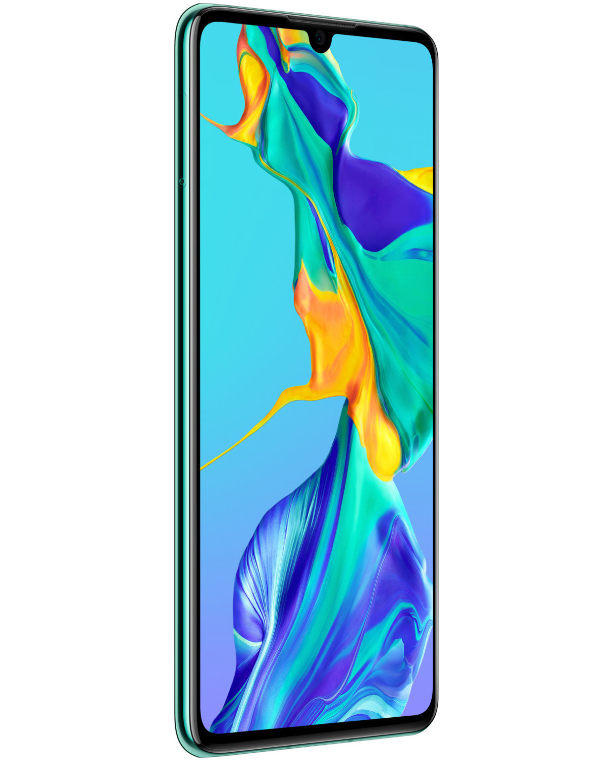 Turkusowy smartfon pod kątem, ekran z kolorowym abstrakcyjnym wzorem. Czarne ramki.