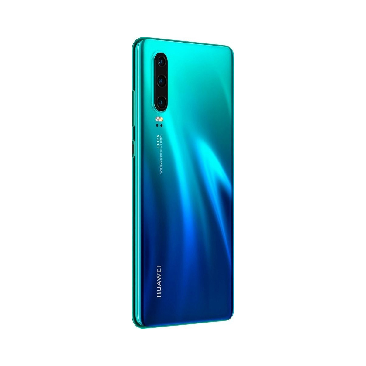 Smartfon z gradientem niebiesko-zielonym z potrójnym aparatem. Logo Huawei na dole.