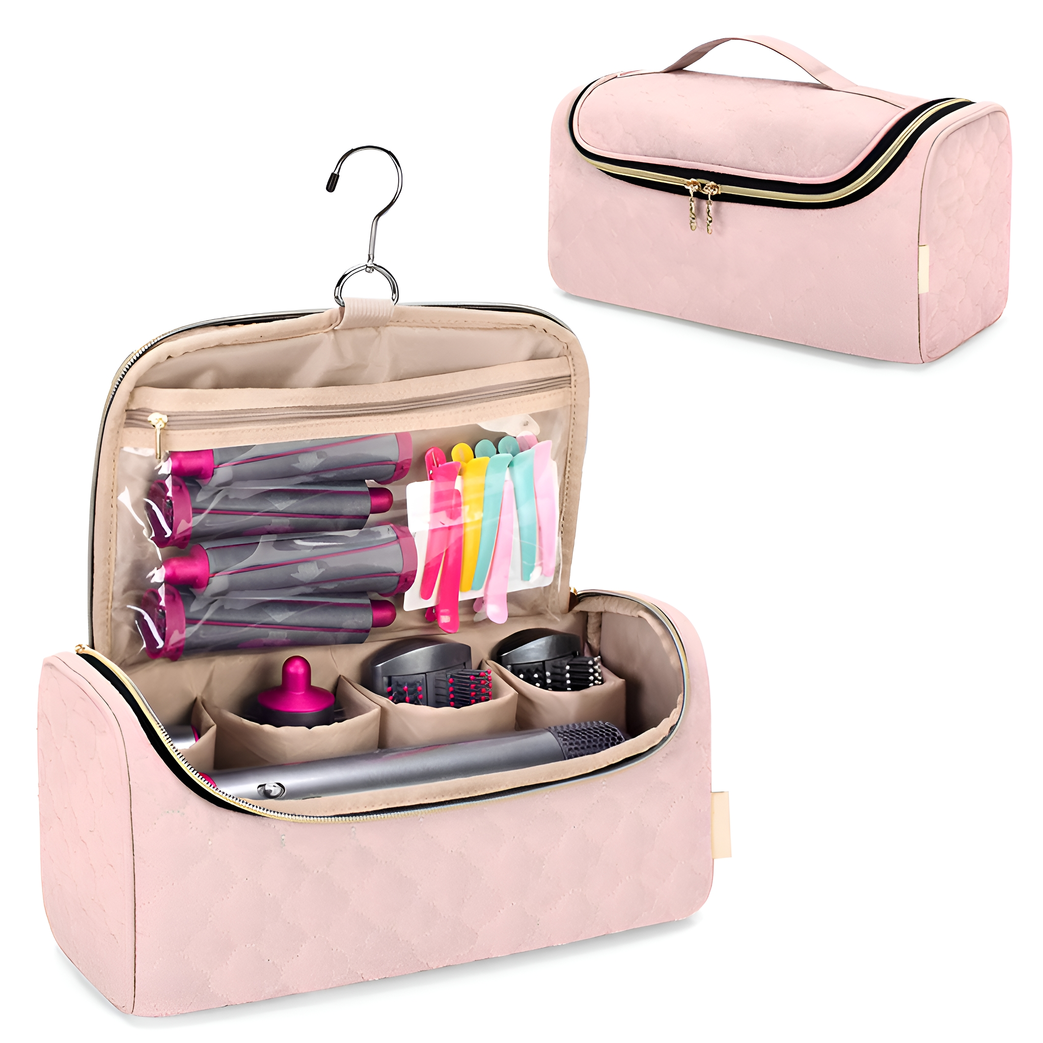 Rosa Kosmetiktasche mit Griff und Reißverschluss. Sie hat einen Haken zum Aufhängen und enthält Haarstyling-Werkzeuge.