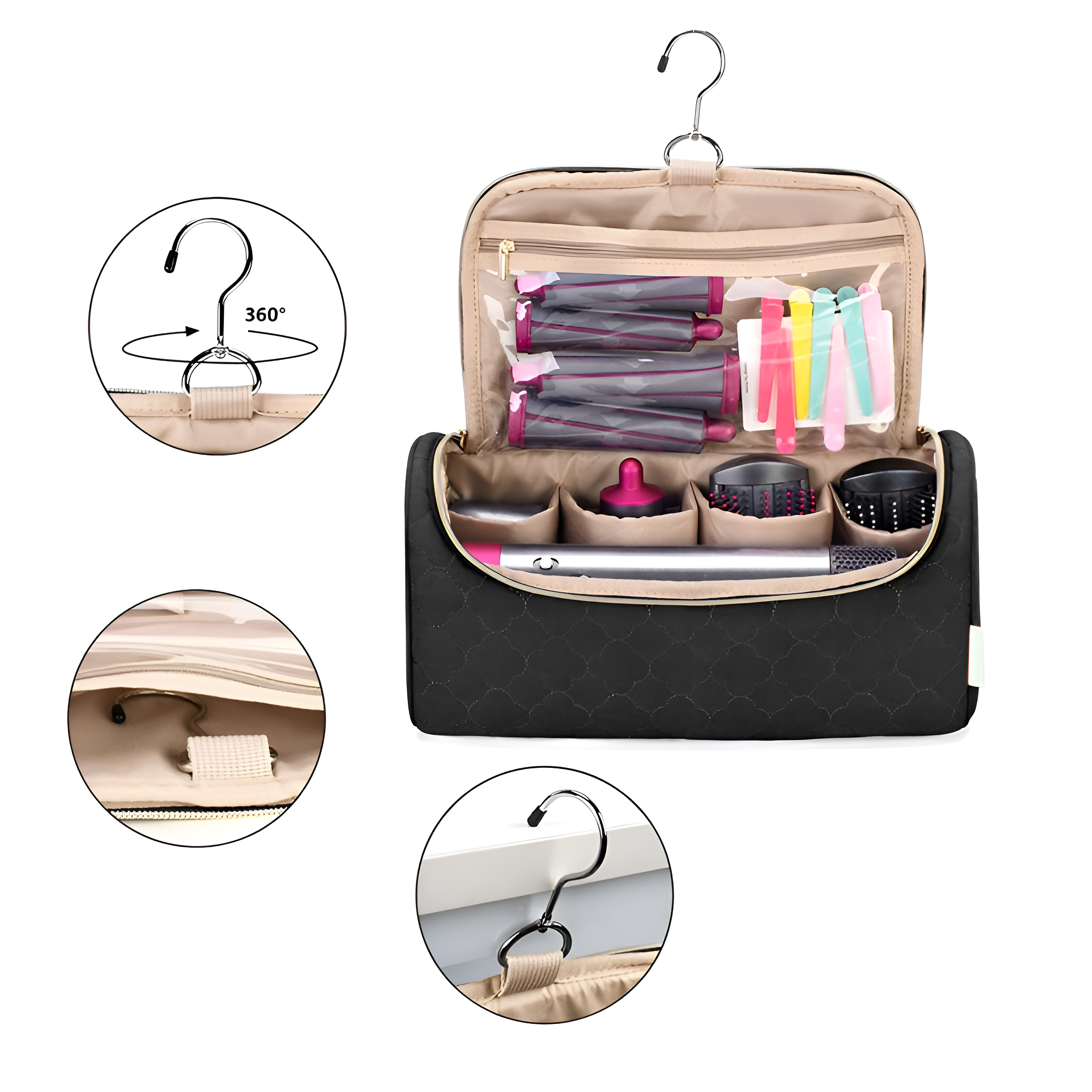 Eine schwarze Kosmetiktasche mit verschiedenen Haarstyling-Werkzeugen, offen mit Aufhängehaken.