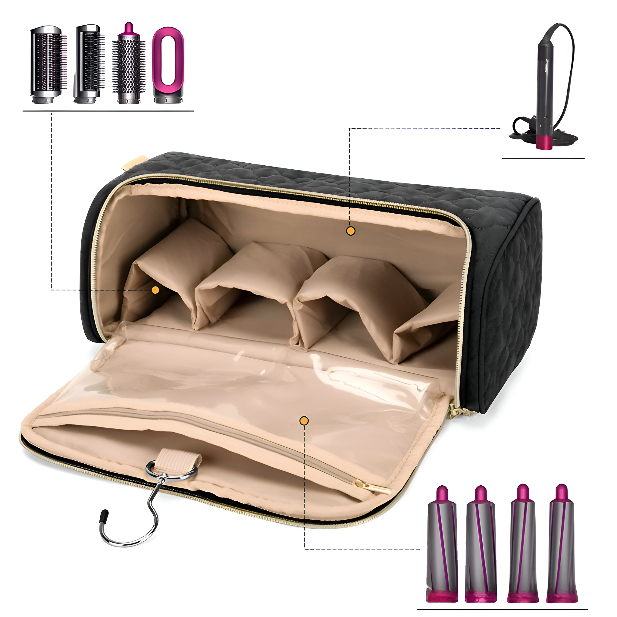 Geöffnete schwarze Reisetasche mit mehreren Fächern, Zubehör und einem Haartrockner.