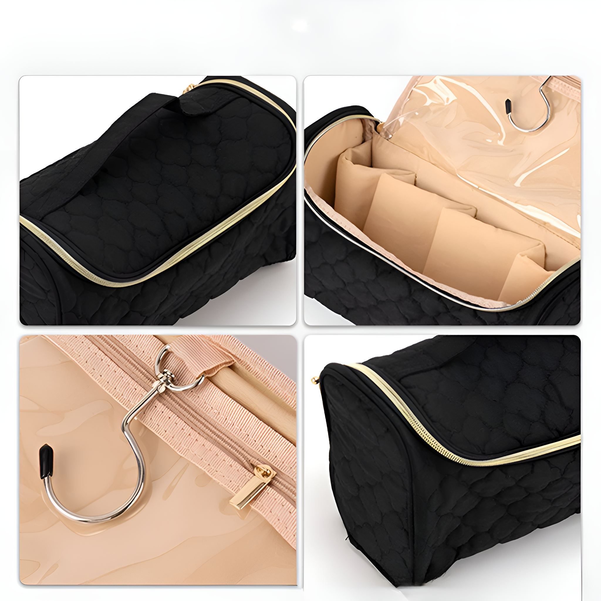 Vier Fotos einer schwarzen, gesteppten Make-up-Tasche, offen und geschlossen, mit goldenem Reißverschluss und Griff.