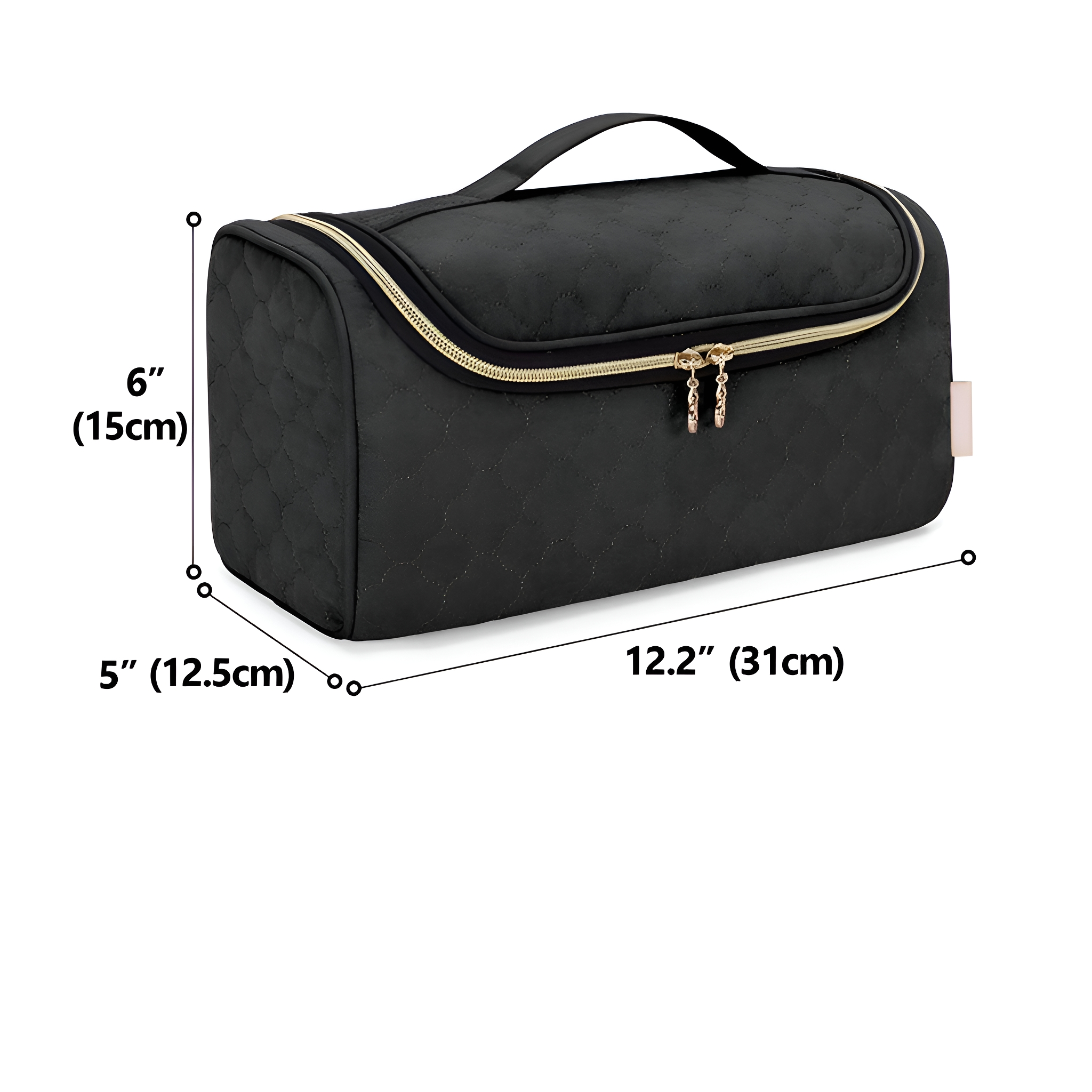 Schwarze, gesteppte Kosmetiktasche mit goldenem Reißverschluss, Maße: 6"x 5"x 12,2", mit Griff.