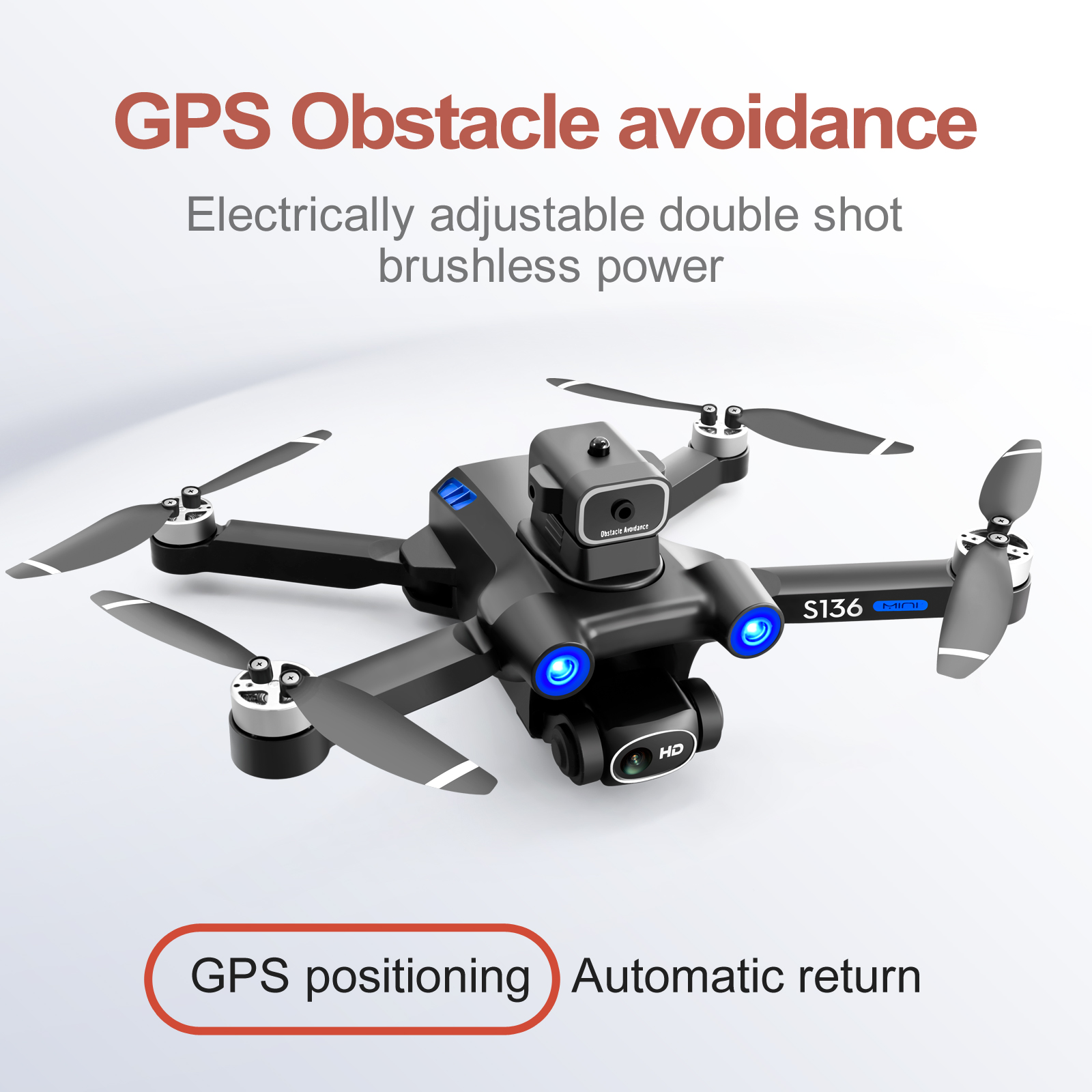 Schwarze Drohne mit Propellern und blauen Lichtern. Text zeigt GPS-Hindernisvermeidung und -Positionierung.