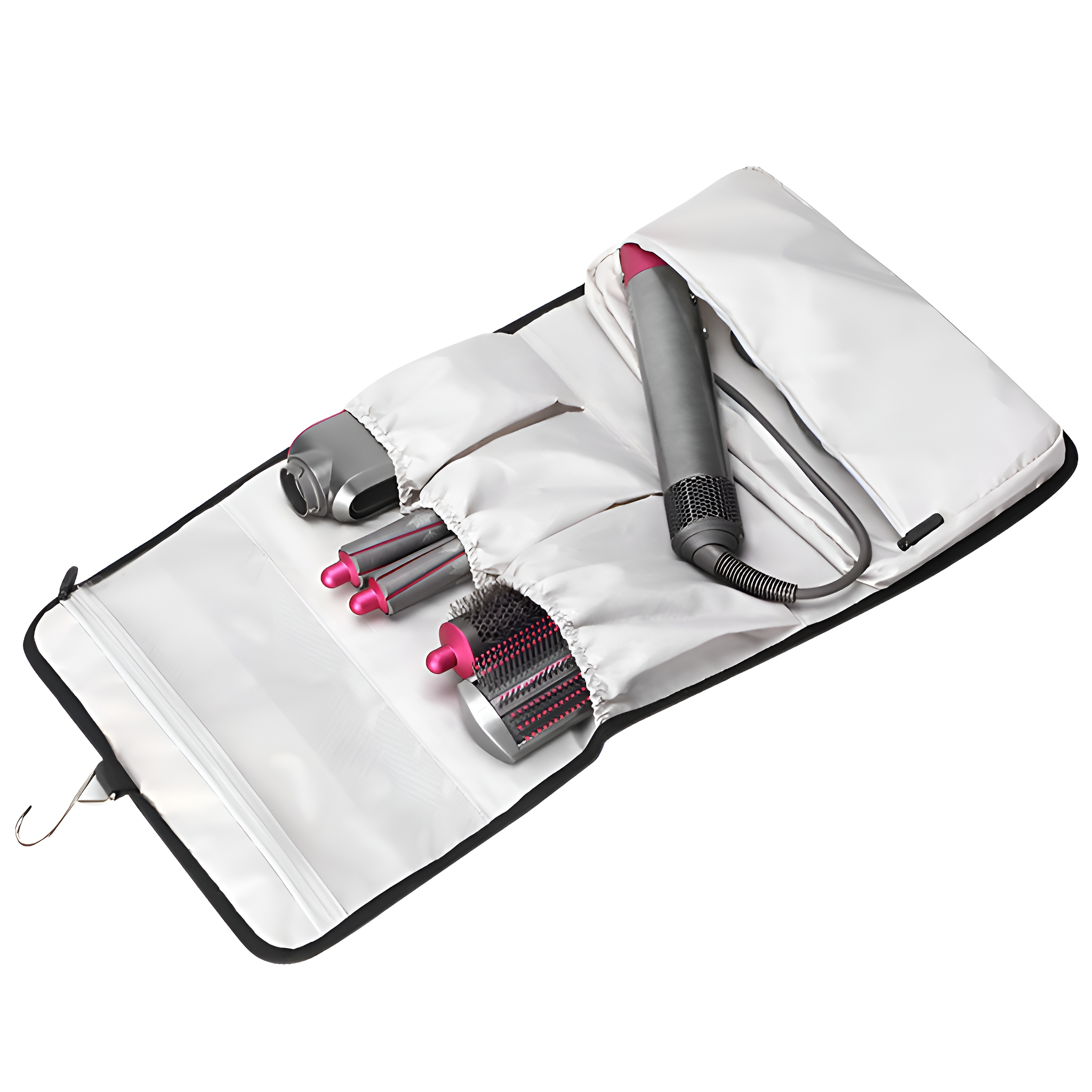 Eine Reisetasche mit Haarstyling-Werkzeugen, darunter ein Haartrockner und Bürsten.