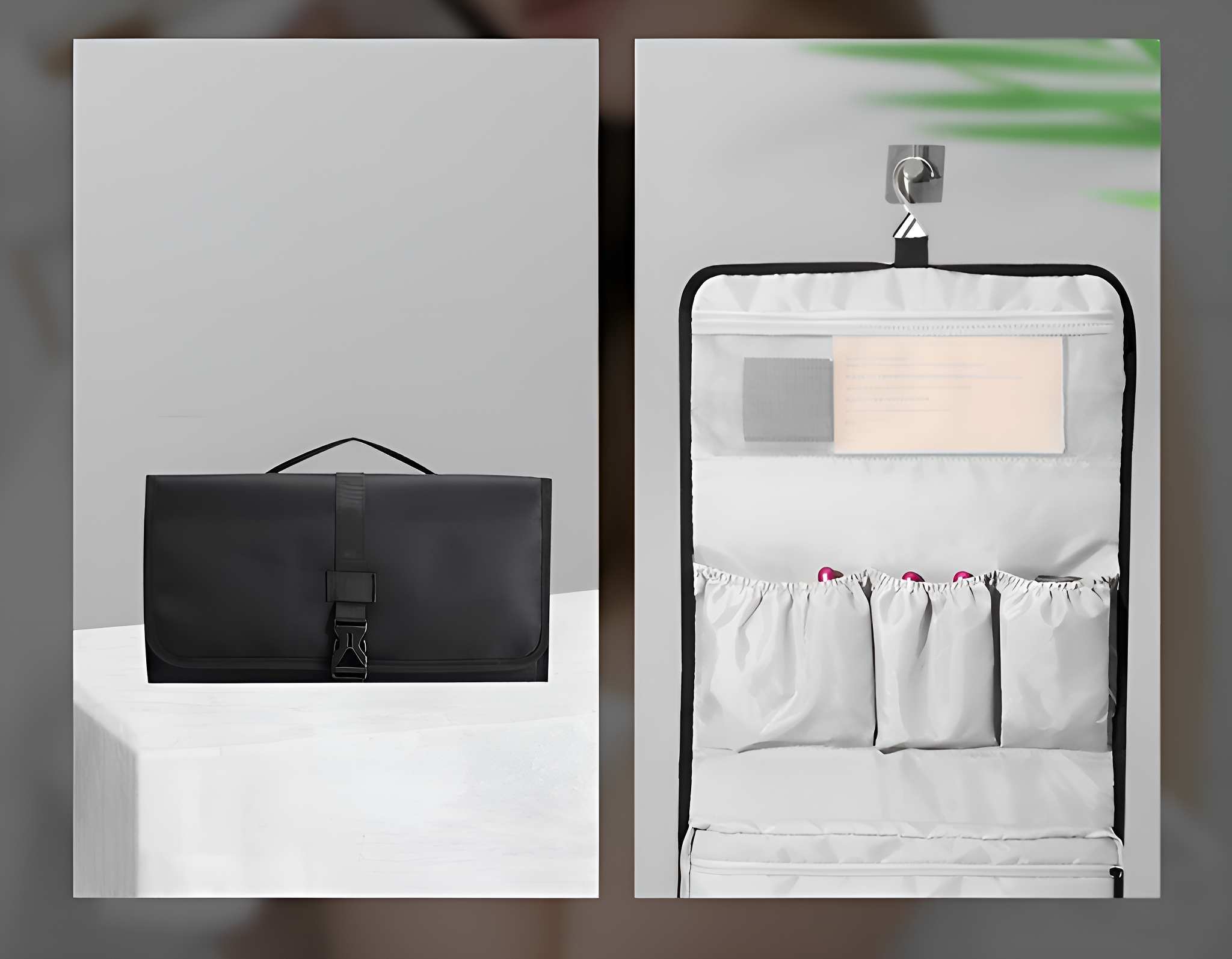 Eine schwarze Reisetasche, geschlossen und offen, zeigt Innentaschen und Fächer.